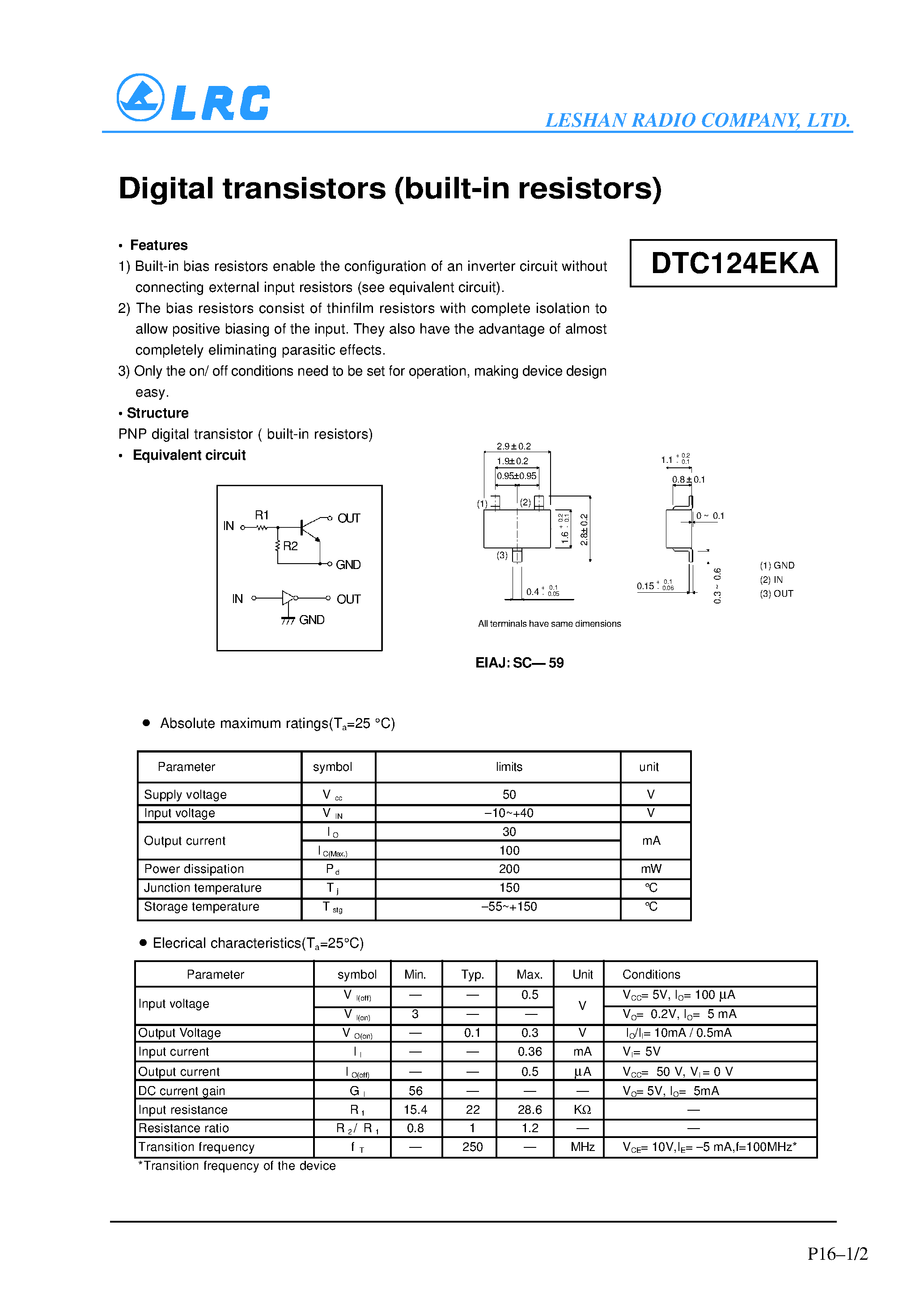 Даташит DTC124EKA - Digital transistors(built-in resistors) страница 1