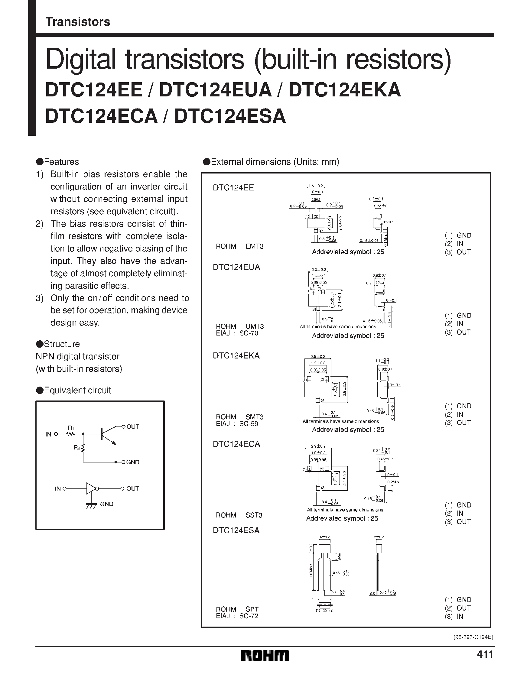 Даташит DTC124EKA - Digital transistors (built-in resistors) страница 1