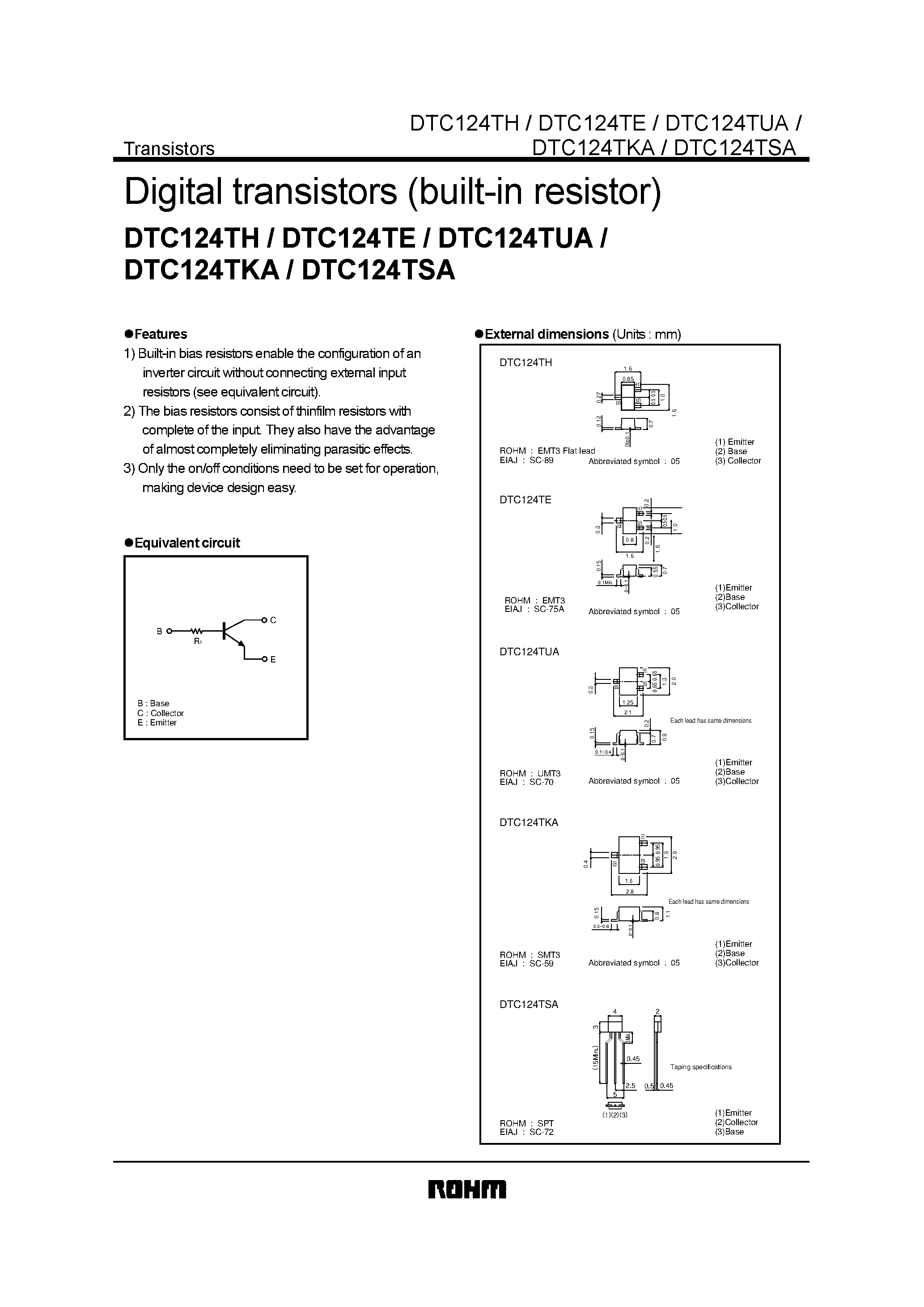 Даташит на микросхему DTC124TKA страница 1 Даташит DTC124TKA - Digital transistors (built-in resistor) страница 1
