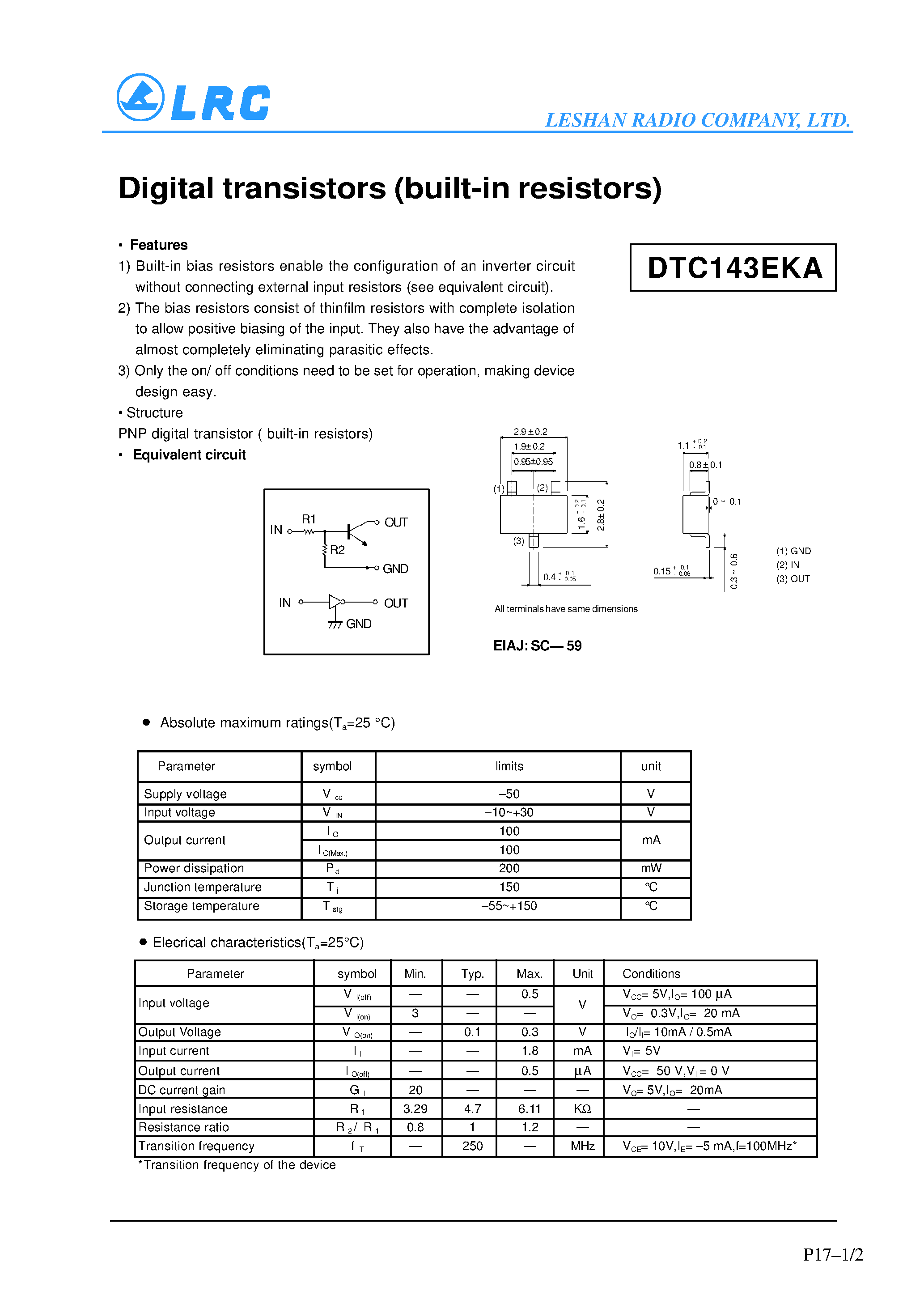 Даташит на микросхему DTC143EKA страница 1 Даташит DTC143EKA - Digital transistors(built-in resistors) страница 1