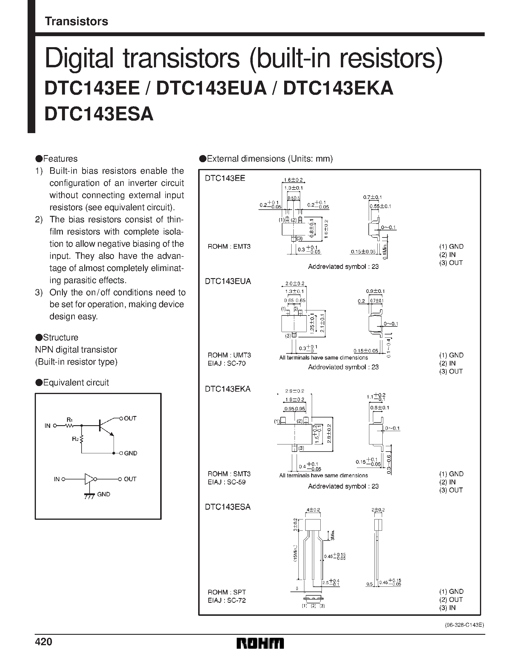Даташит на микросхему DTC143EKA страница 1 Даташит DTC143EKA - Digital transistors (built-in resistors) страница 1