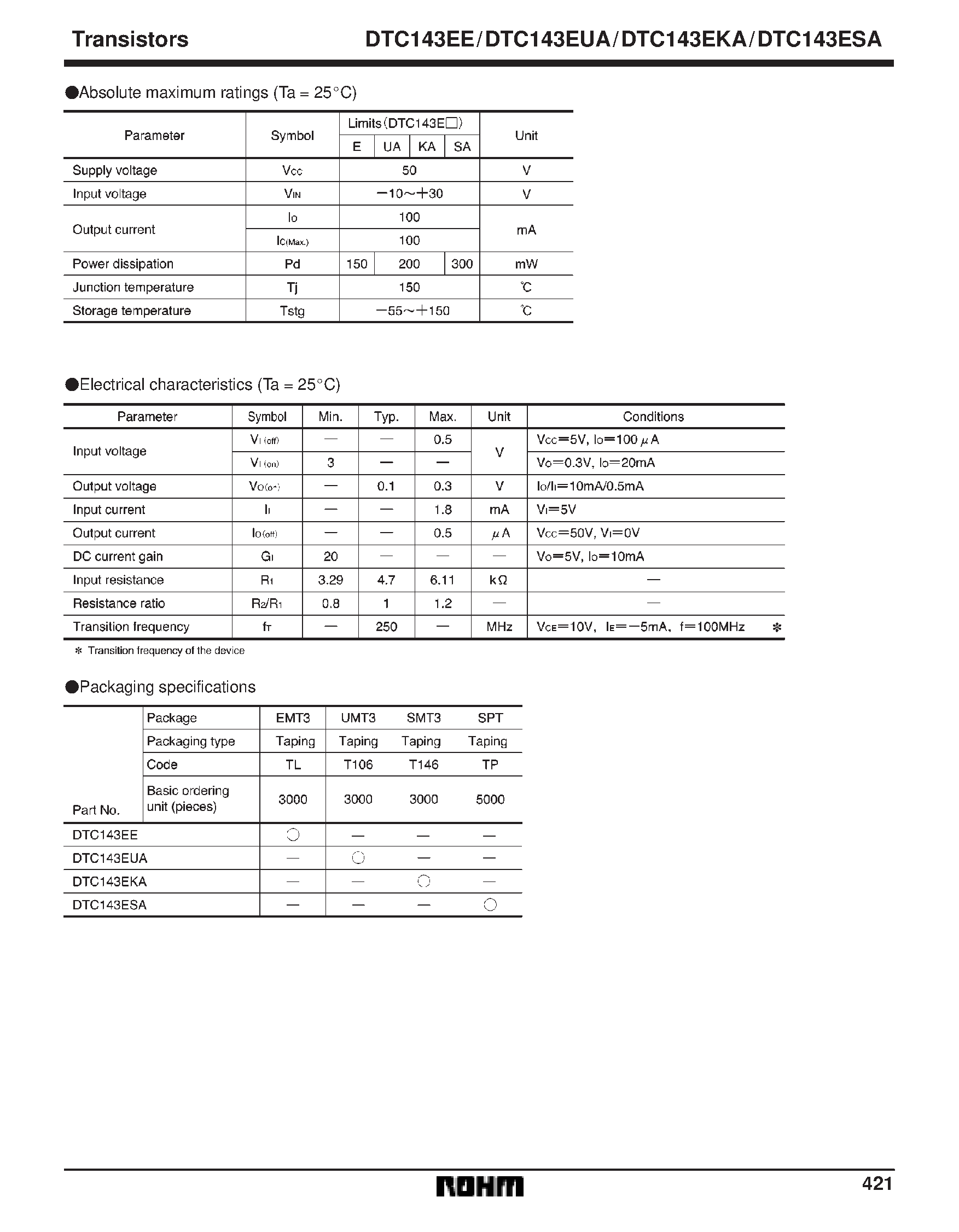 Даташит DTC143ESA - Digital transistors (built-in resistors) страница 2