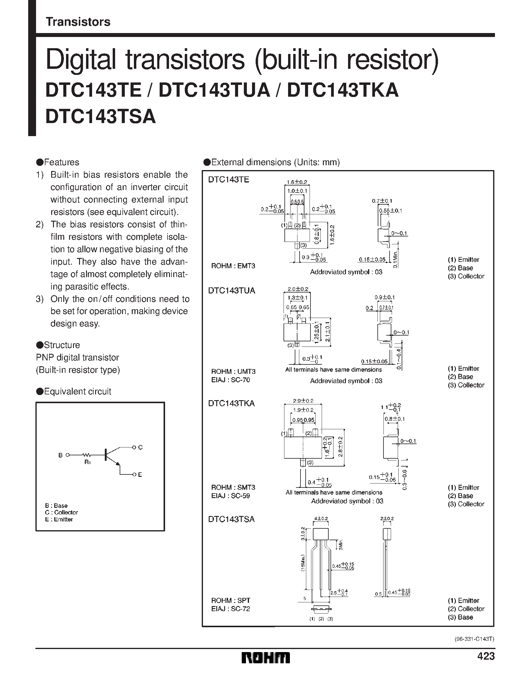 Даташит DTC143TSA - Digital transistors (built-in resistor) страница 1