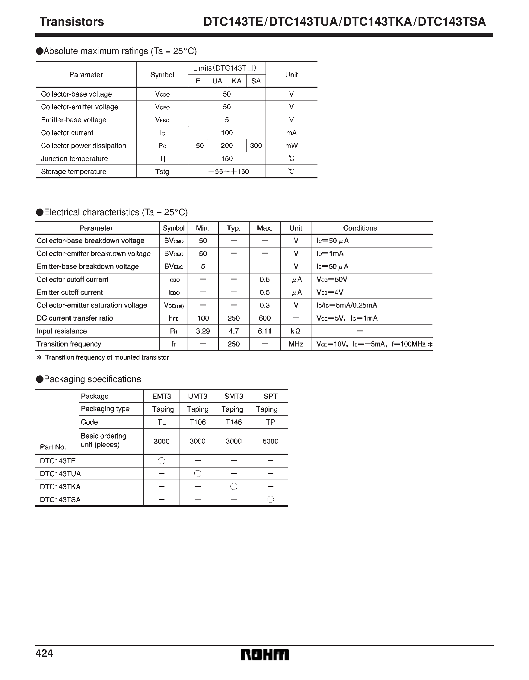 Даташит DTC143TSA - Digital transistors (built-in resistor) страница 2