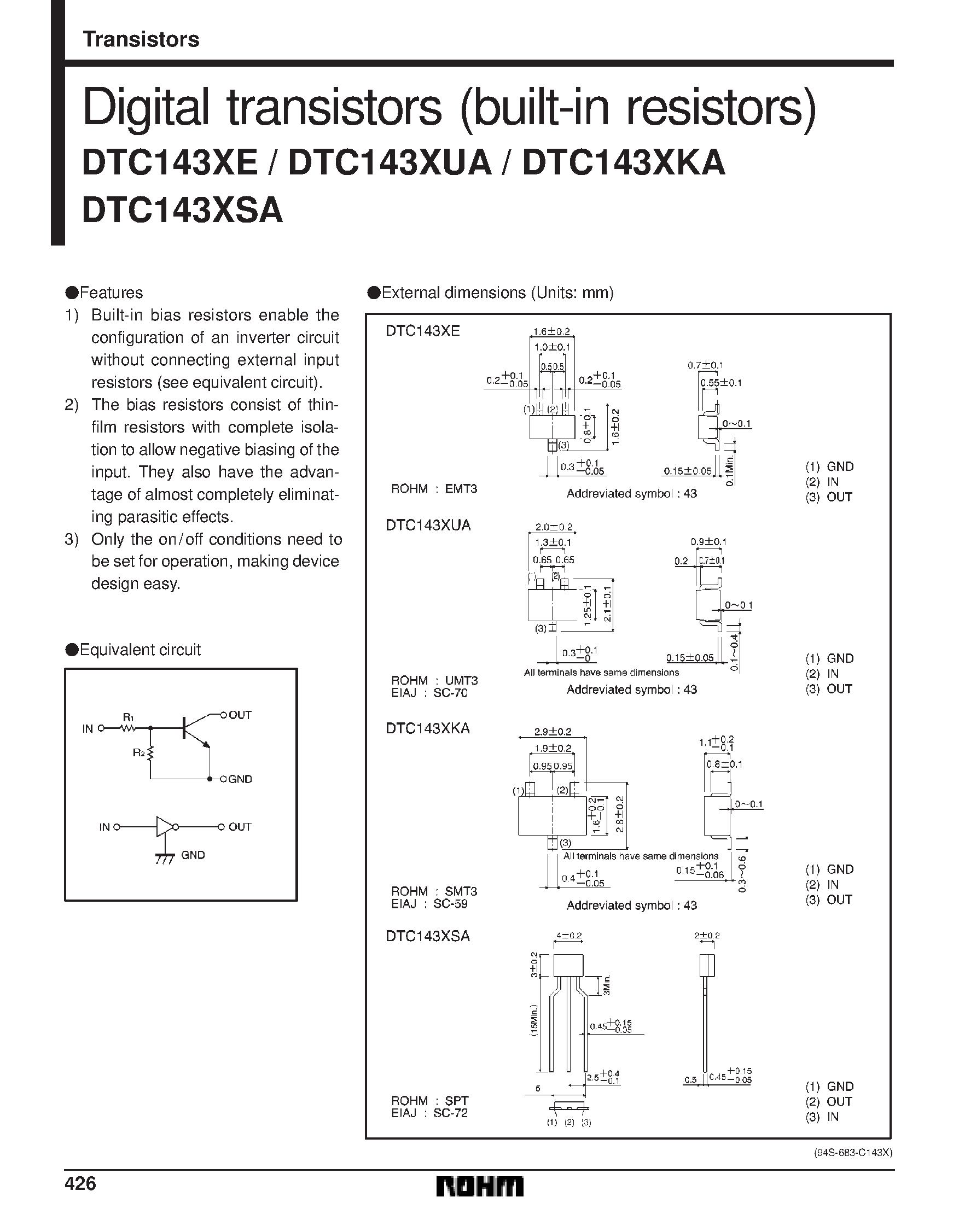 Даташит на микросхему DTC143XKA страница 1 Даташит DTC143XKA - Digital transistors (built-in resistors) страница 1