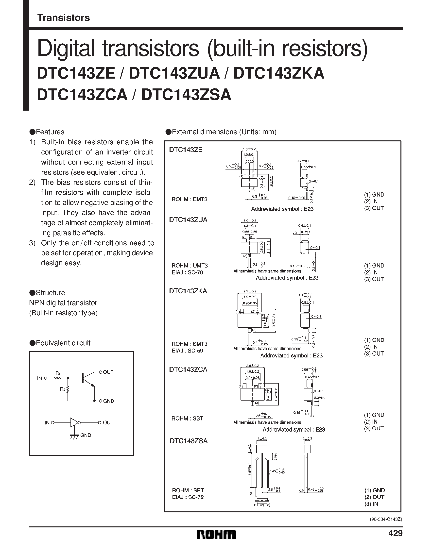 Даташит на микросхему DTC143ZCA страница 1 Даташит DTC143ZCA - Digital transistors (built-in resistors) страница 1