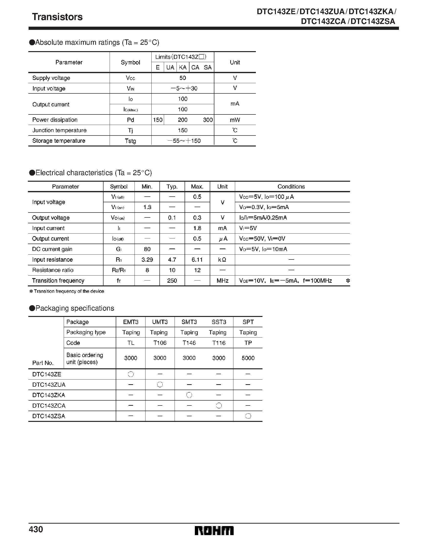 Даташит DTC143ZE - Digital transistors (built-in resistors) страница 2