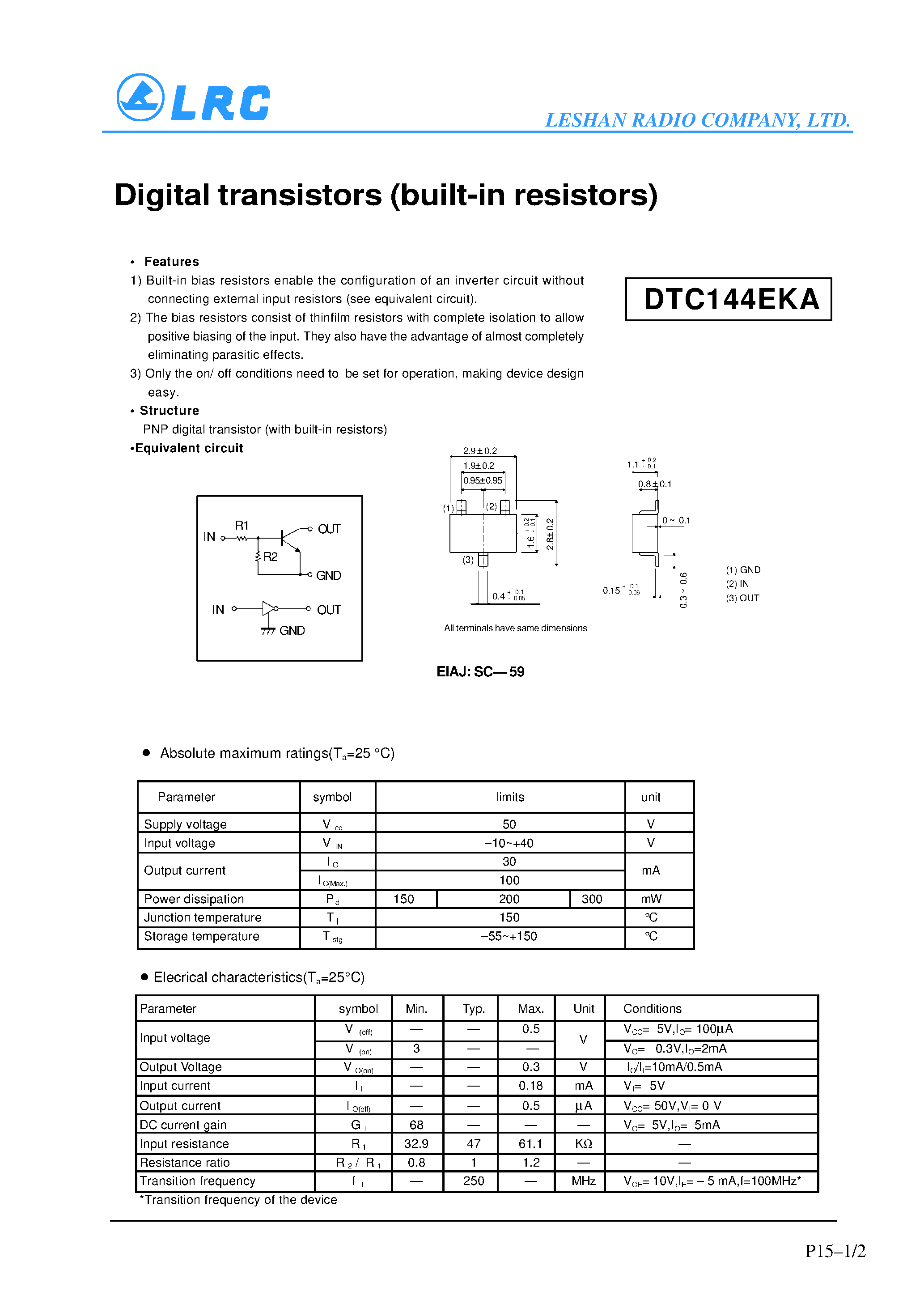 Datasheet DTC144EKA - Digital transistors(built-in resistors) page 1