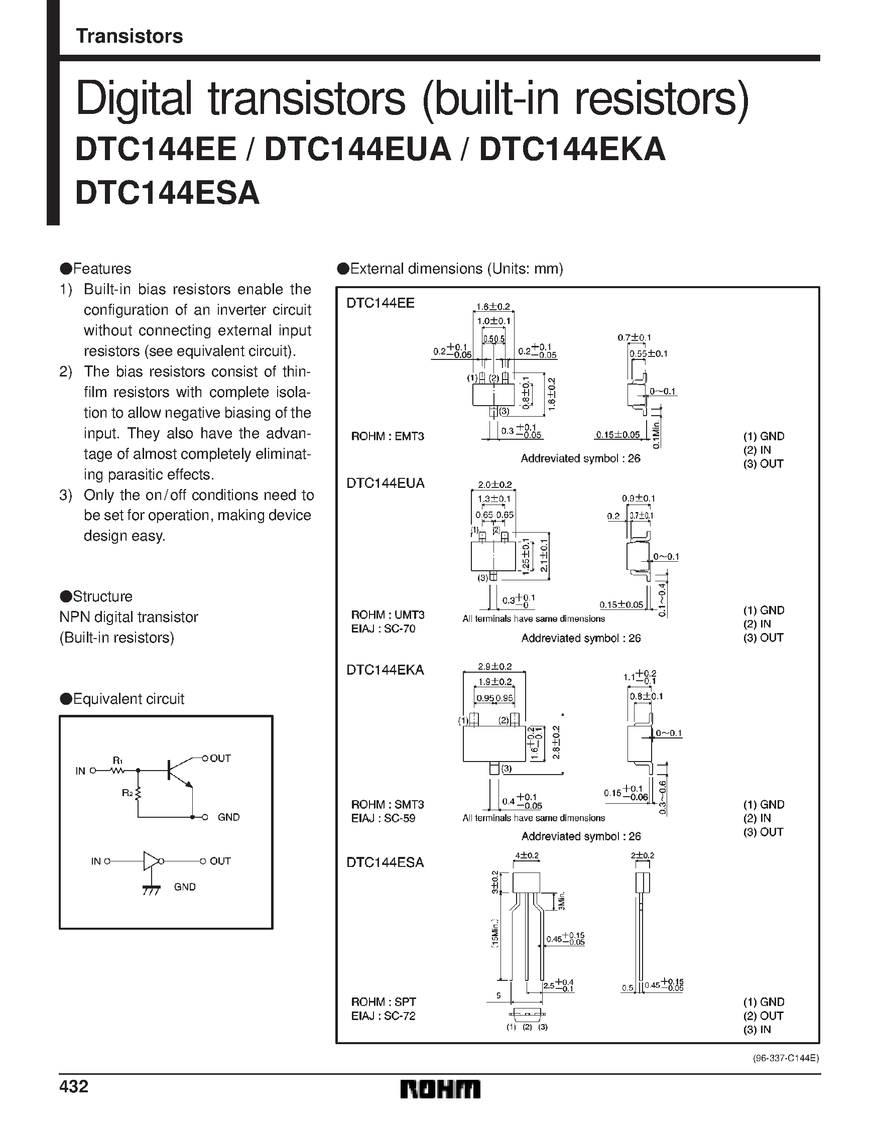 Даташит DTC144EUA - Digital transistors (built-in resistors) страница 1