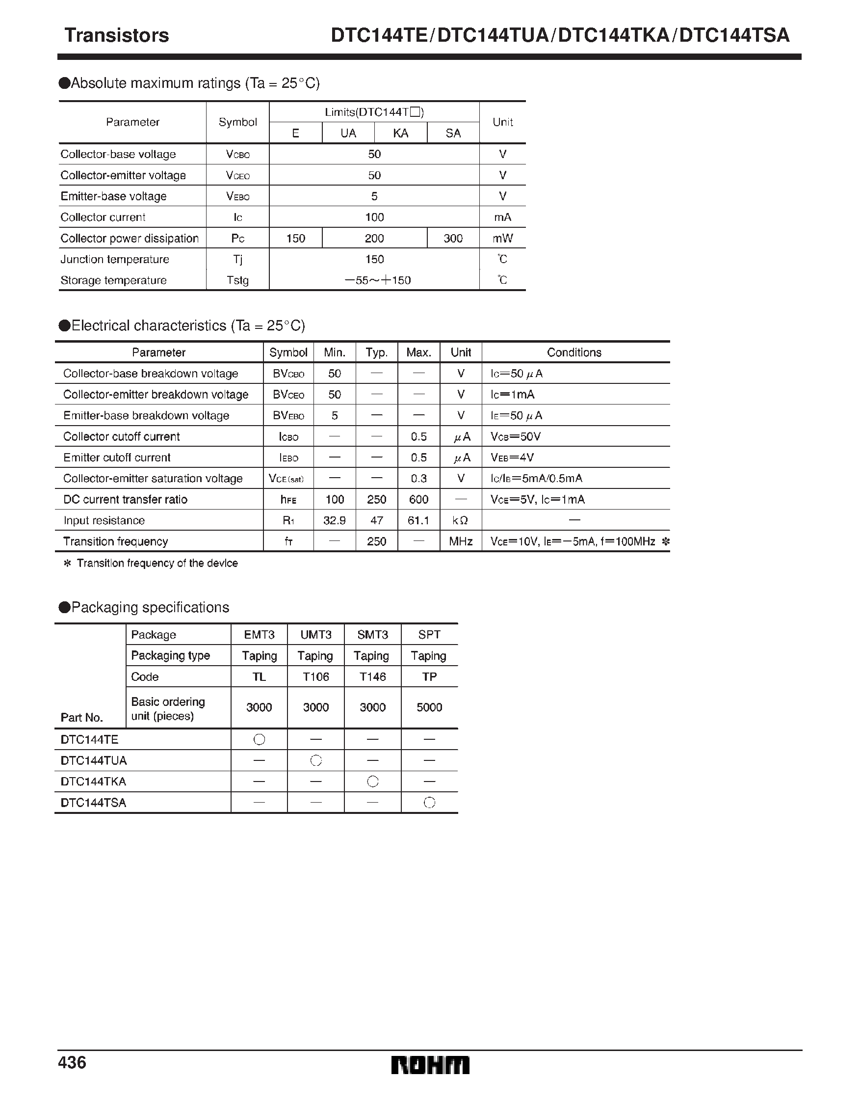 Даташит DTC144TE - Digital transistors (built in resistor) страница 2