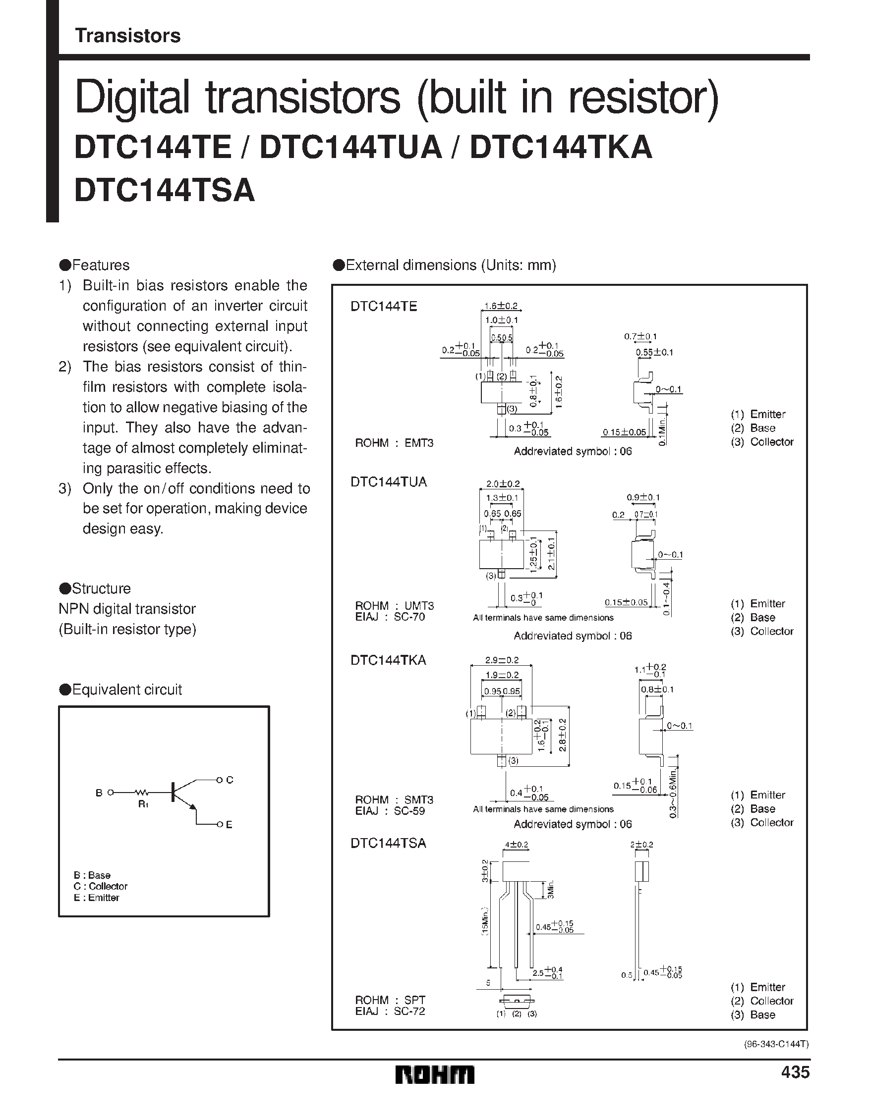 Даташит DTC144TSA - Digital transistors (built in resistor) страница 1
