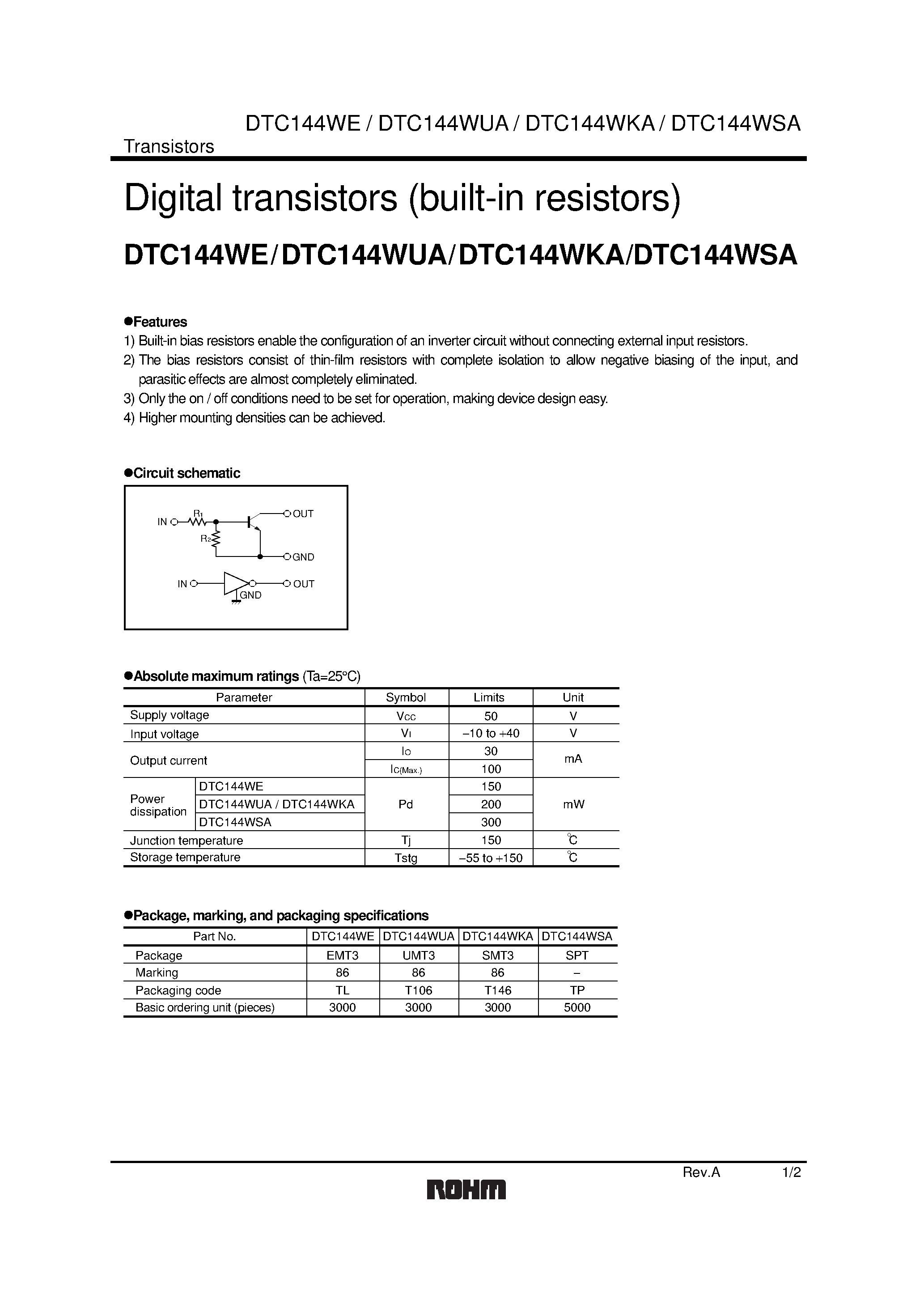 Даташит DTC144WSA - Digital transistors (built-in resistors) страница 1