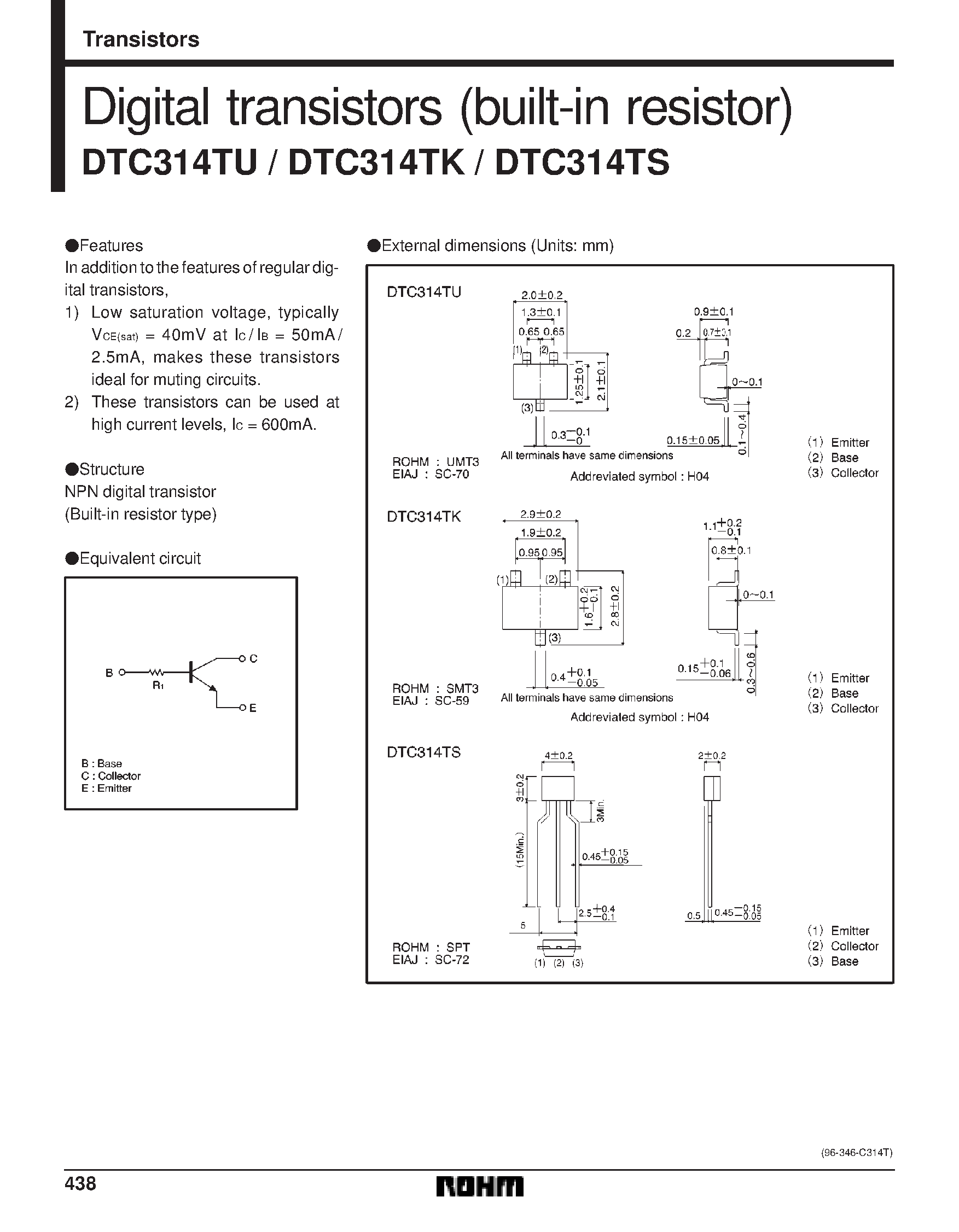 Даташит DTC314 - Digital transistors (built-in resistor) страница 1