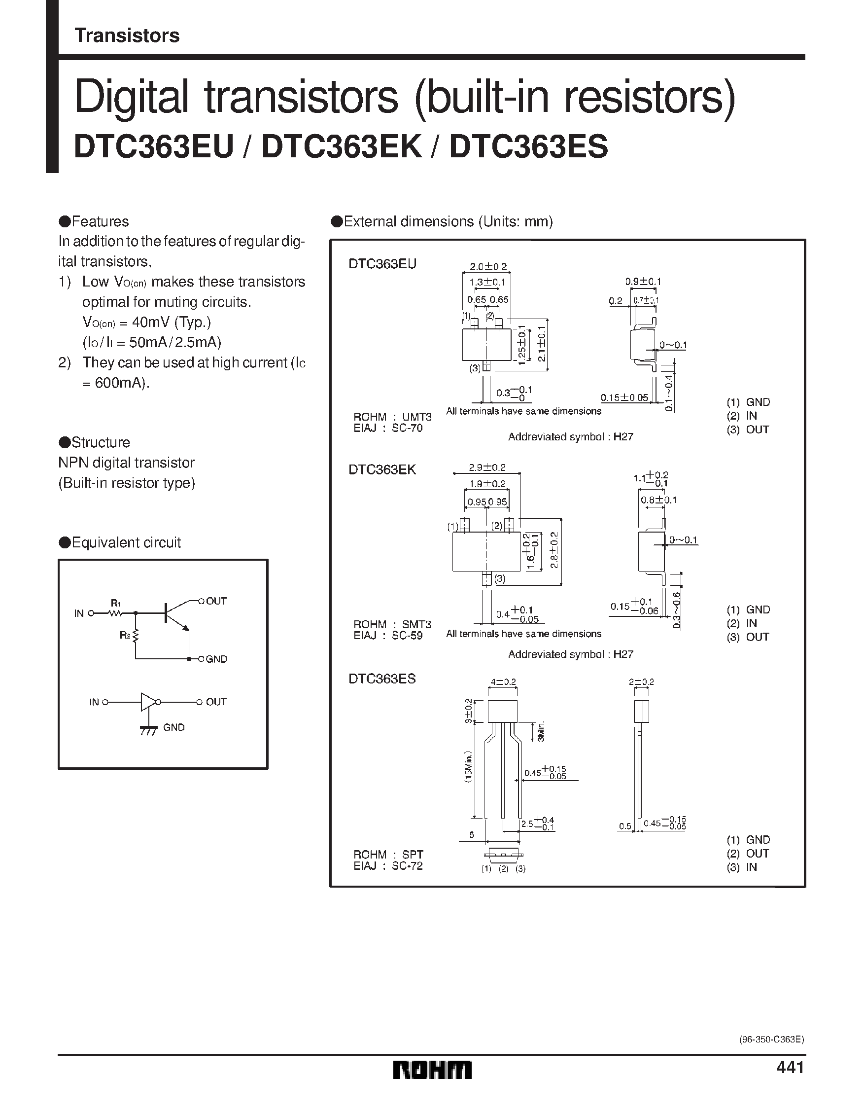 Datasheet DTC363ES page 1 Datasheet DTC363ES - Digital transistors (built-in resistors) page 1