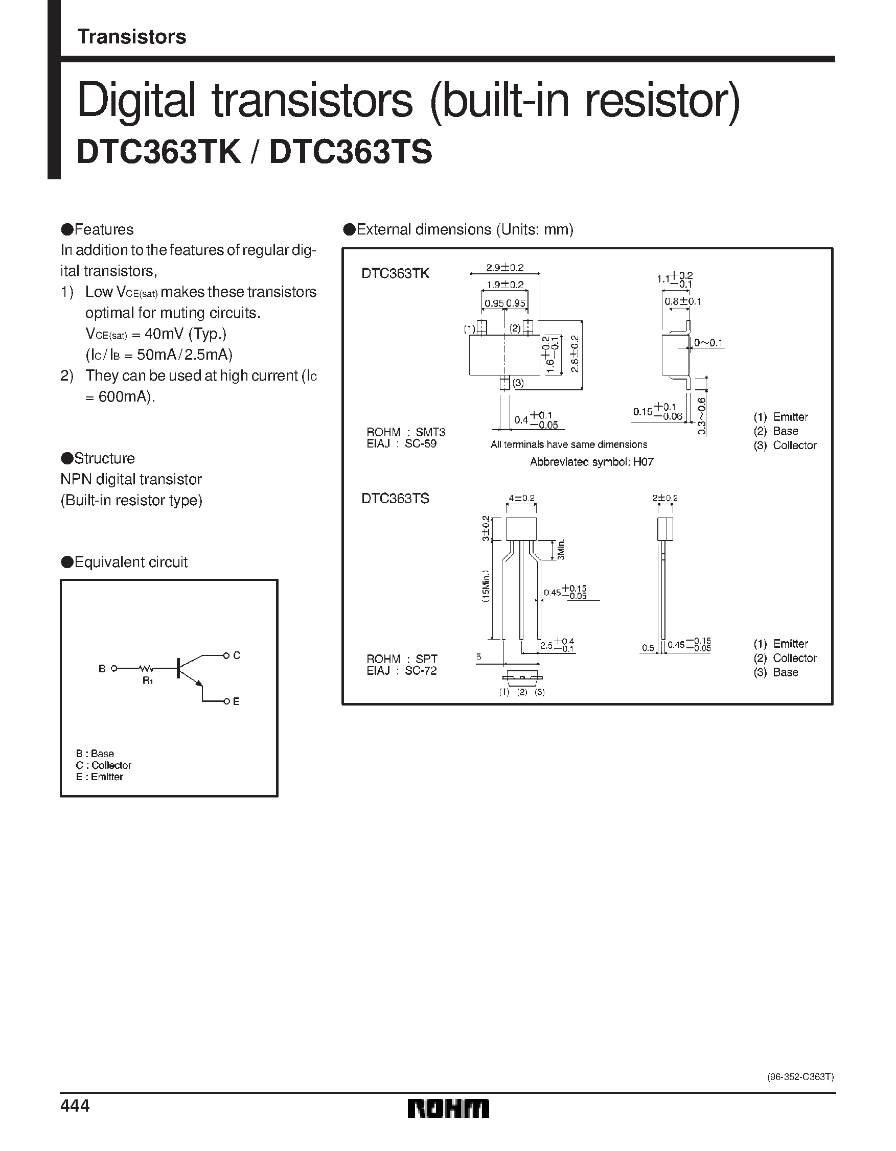 Даташит DTC363TS - Digital transistors (built-in resistor) страница 1