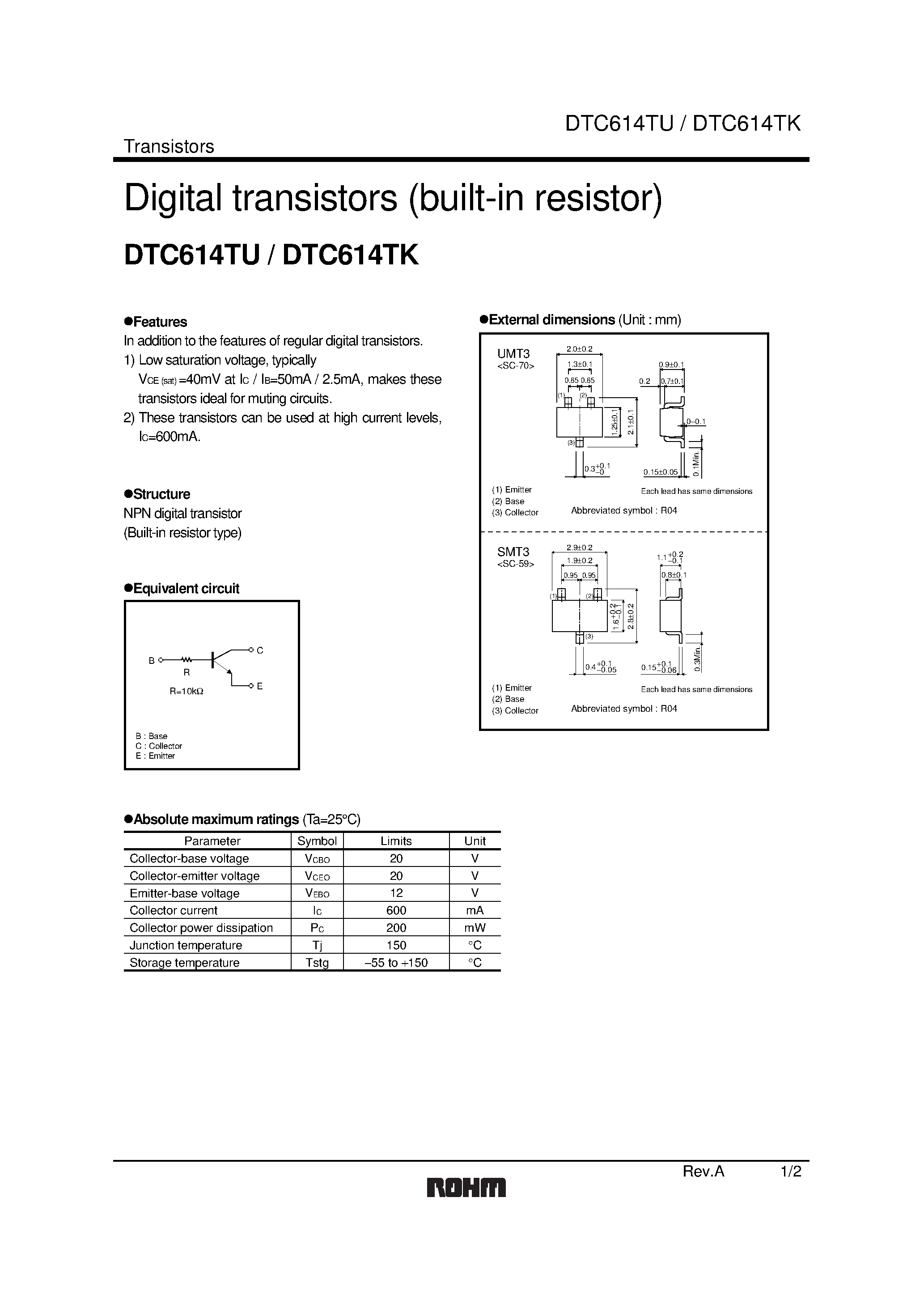 Даташит DTC614TU - Digital transistors (built-in resistor) страница 1