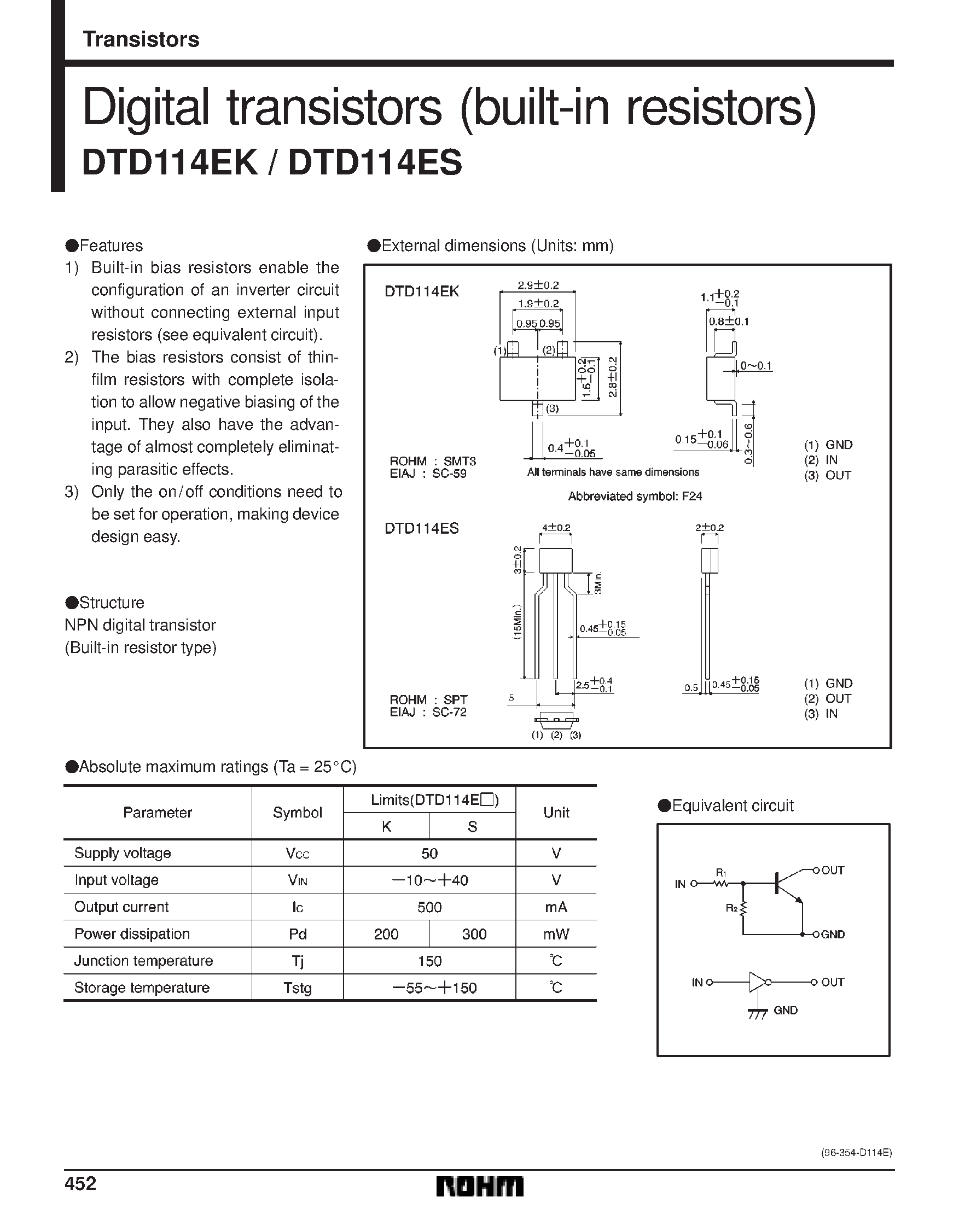 Даташит DTD114EK - Digital transistors (built-in resistors) страница 1