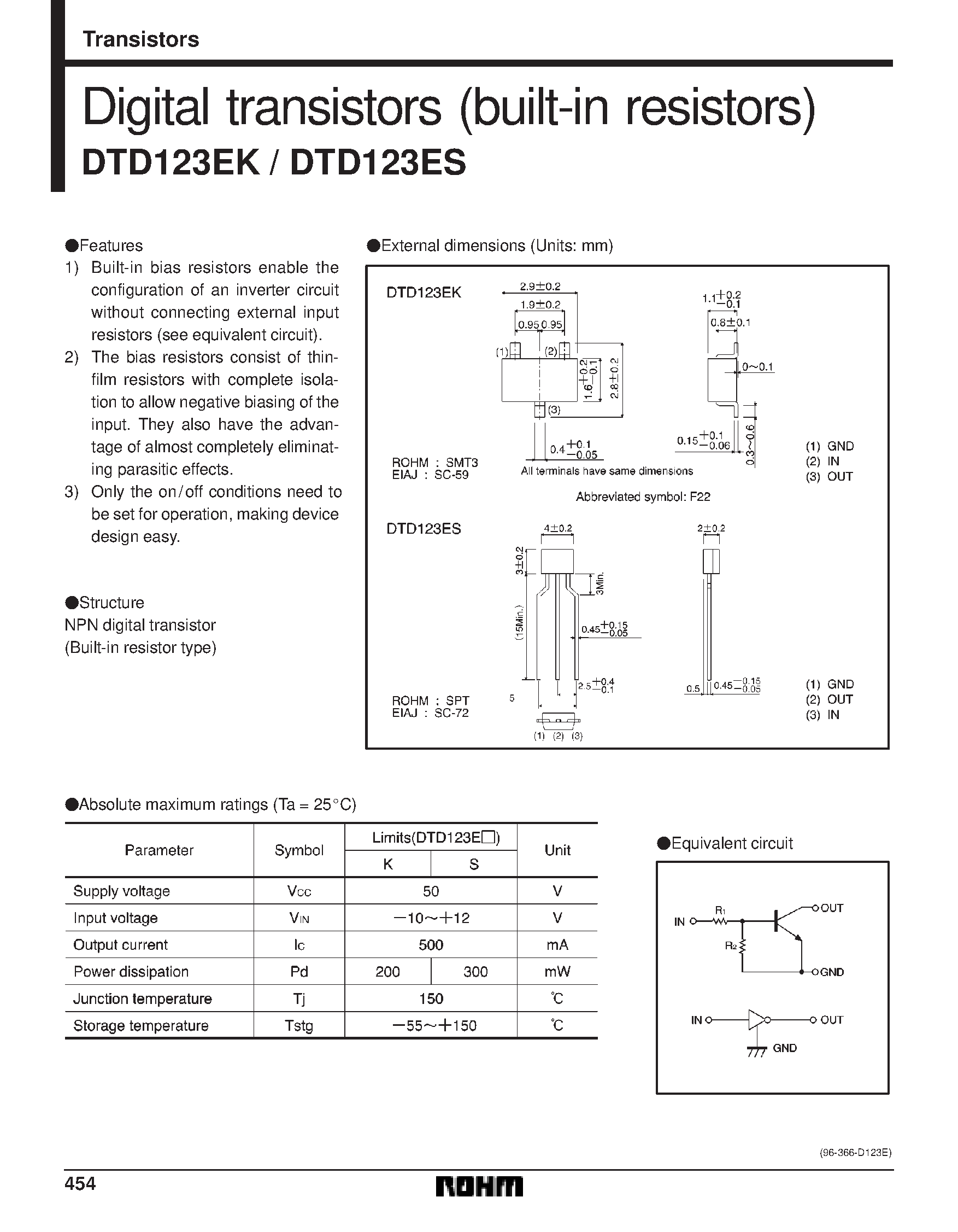 Даташит DTD123E - Digital transistors (built-in resistors) страница 1