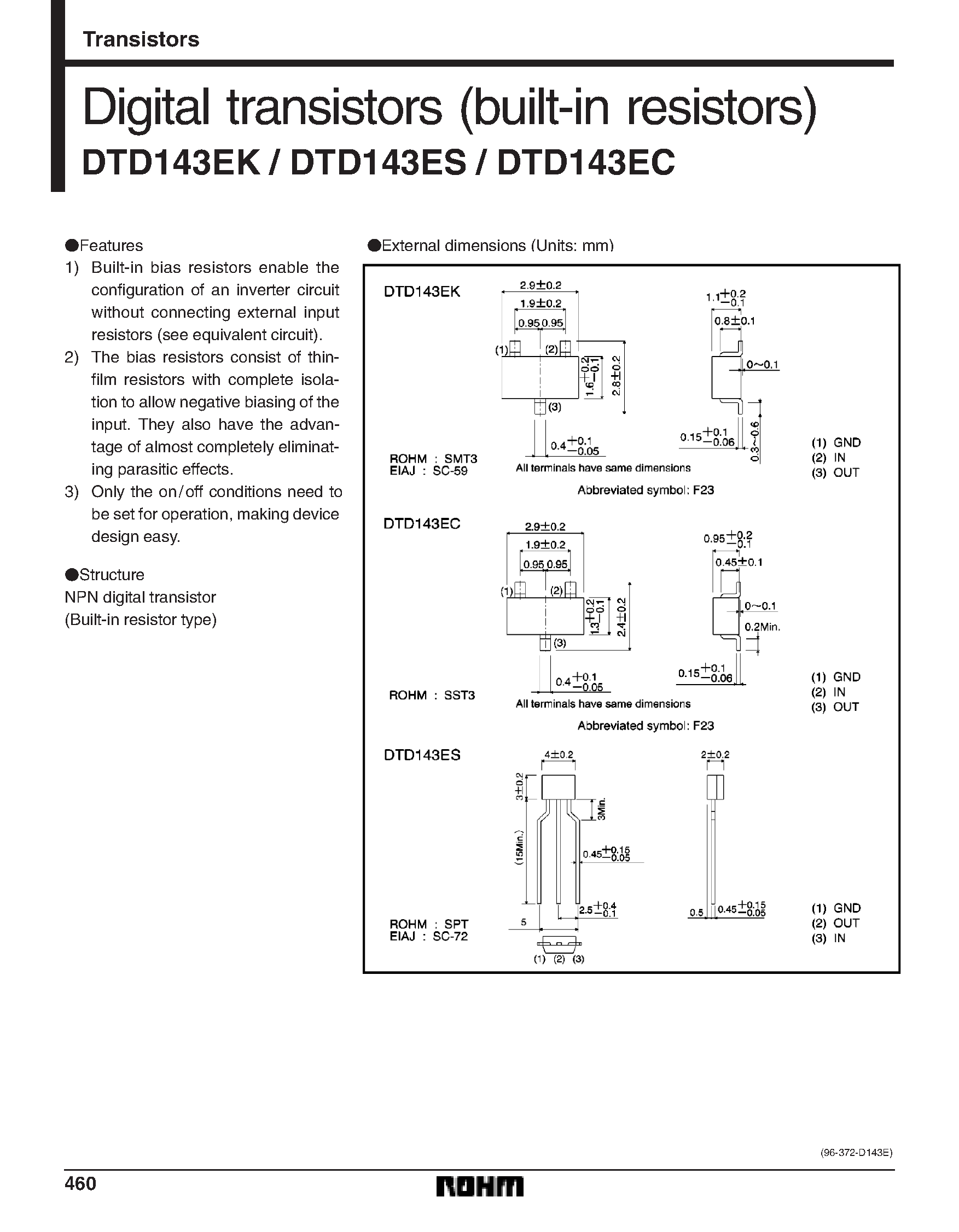 Datasheet DTD143EK - Digital transistors (built-in resistors) page 1