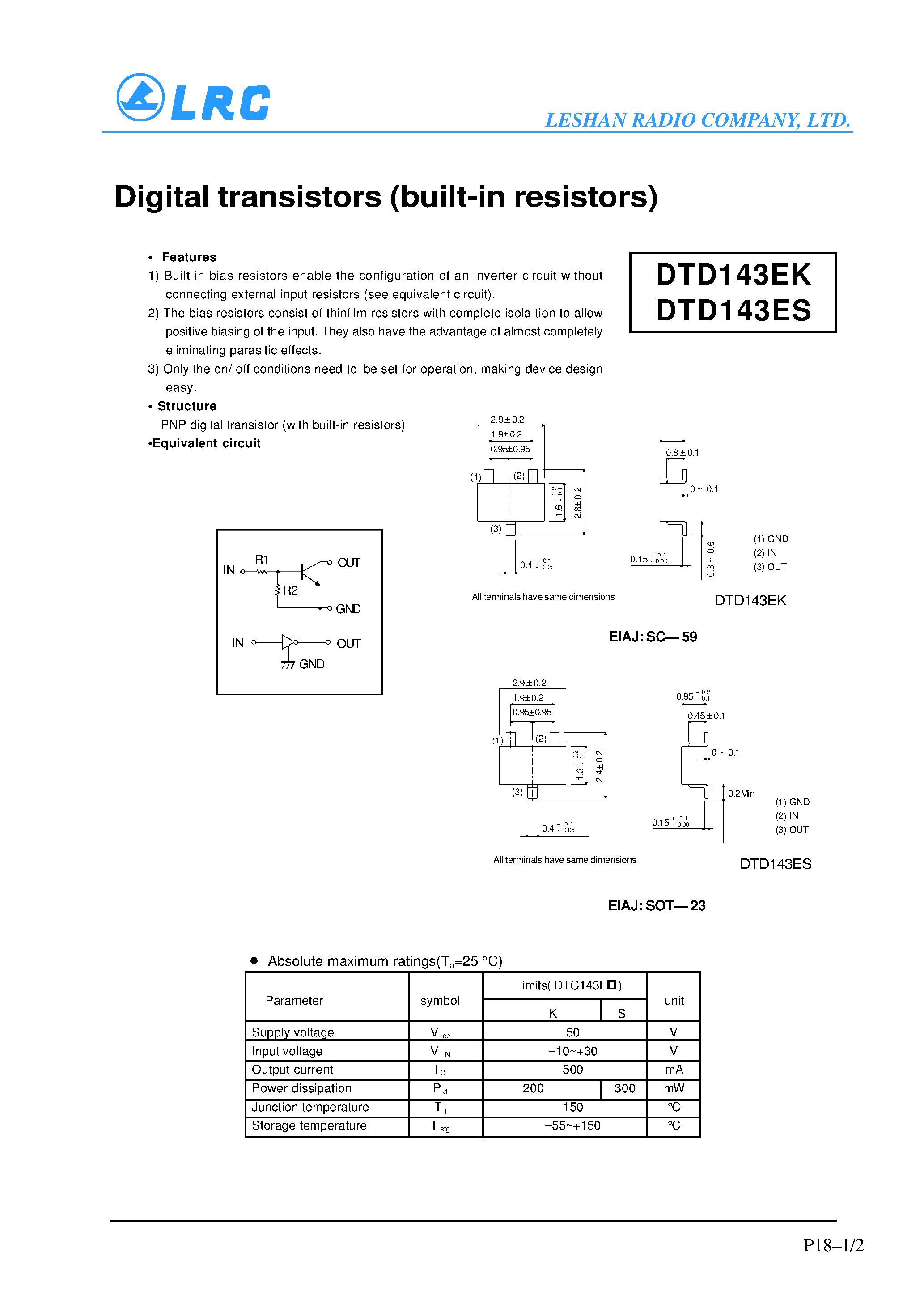 Datasheet DTD143EK - Digital transistors(built-in resistors) page 1