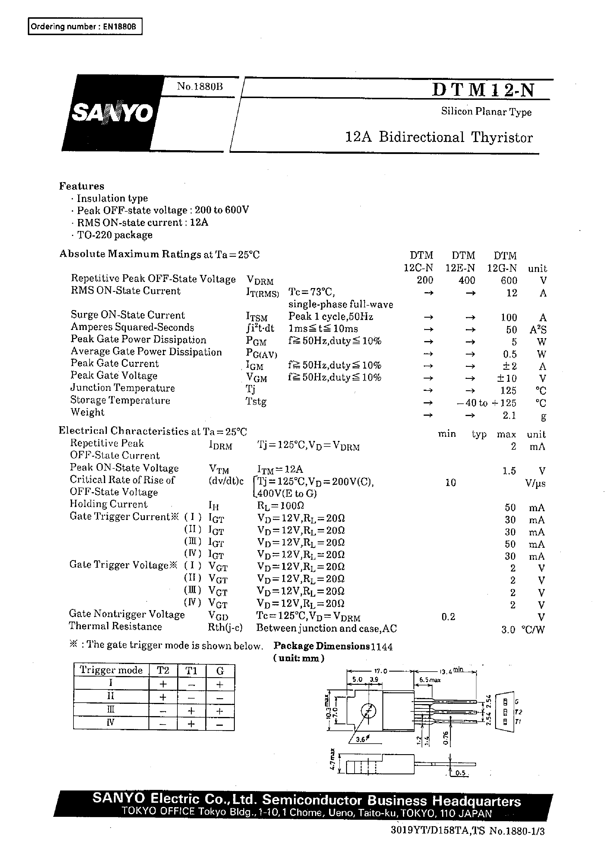 Даташит на микросхему DTM12-N страница 1 Даташит DTM12-N - 12A Bidirectional Thyristor страница 1