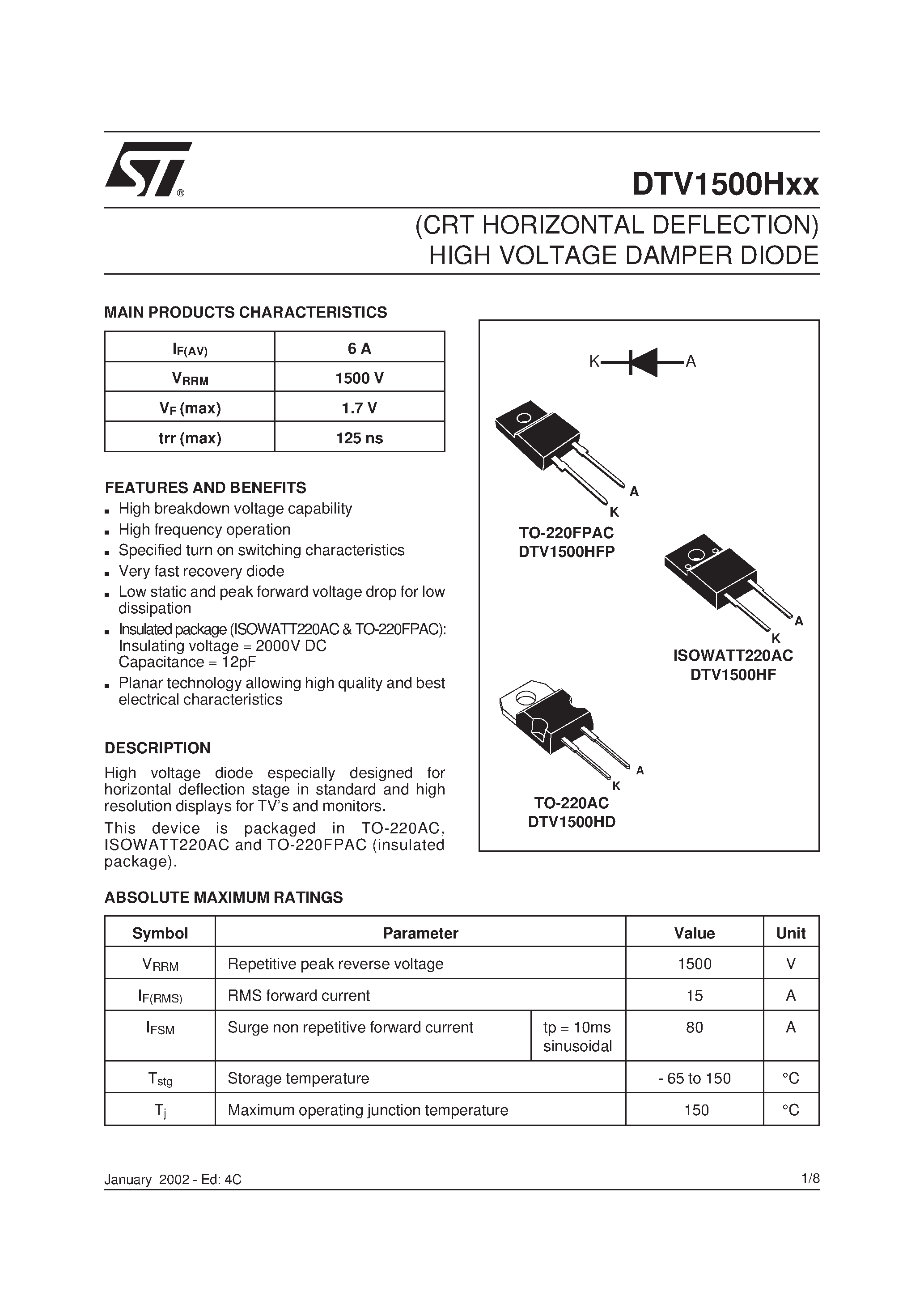 Даташит на микросхему DTV1500 страница 1 Даташит DTV1500 - CRT HORIZONTAL DEFLECTION HIGH VOLTAGE DAMPER DIODE страница 1