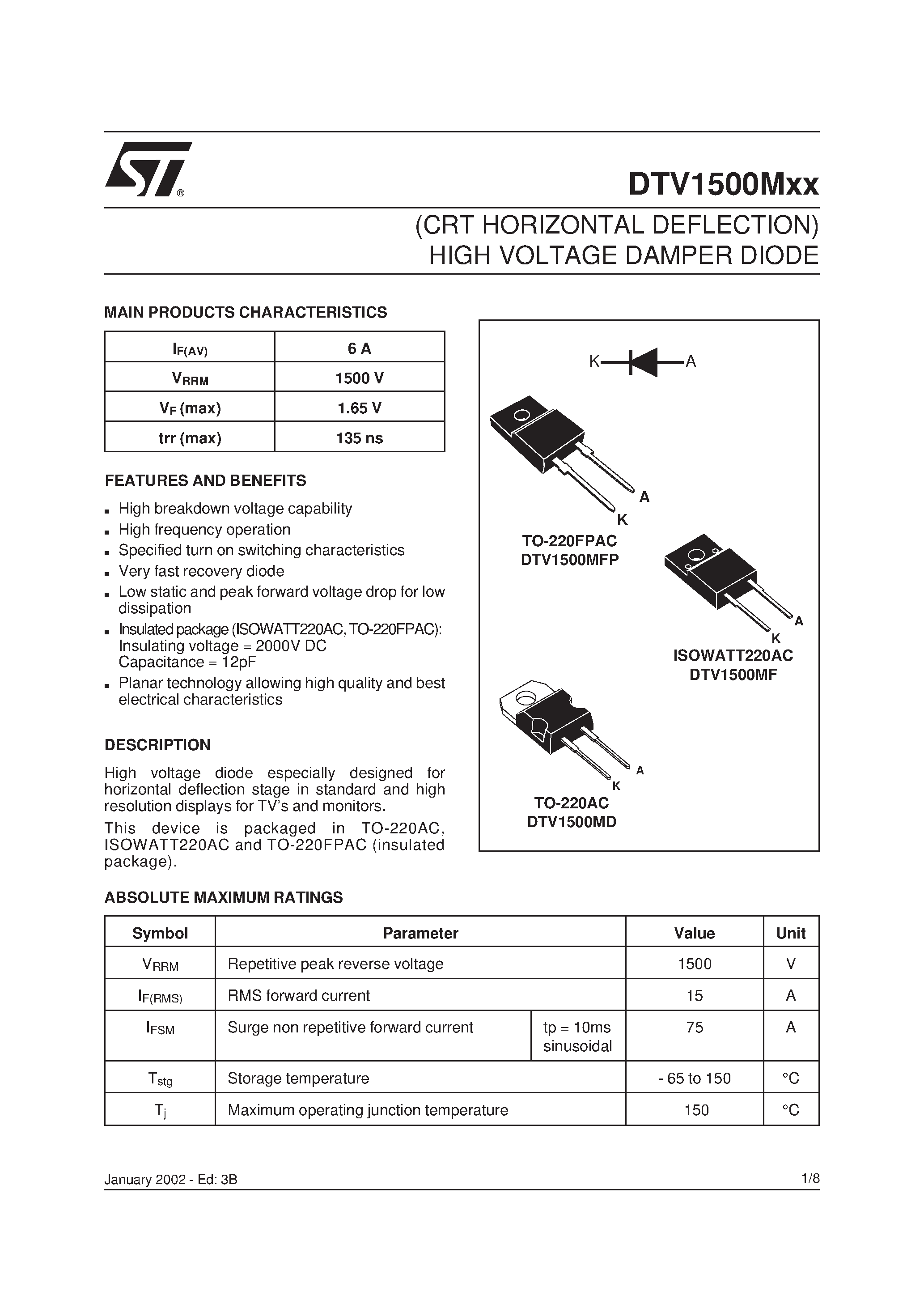 Даташит на микросхему DTV1500MFP страница 1 Даташит DTV1500MFP - CRT HORIZONTAL DEFLECTION HIGH VOLTAGE DAMPER DIODE страница 1