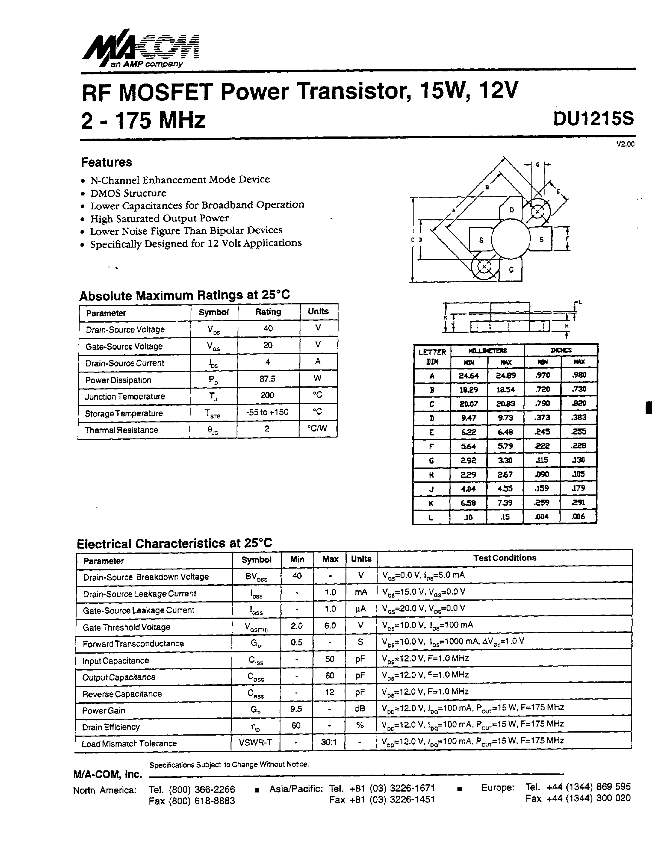 Даташит на микросхему DU1215S страница 1 Даташит DU1215S - RF MOSFET Power Transistor/ ISW/ 12V 2 - 175 MHz страница 1