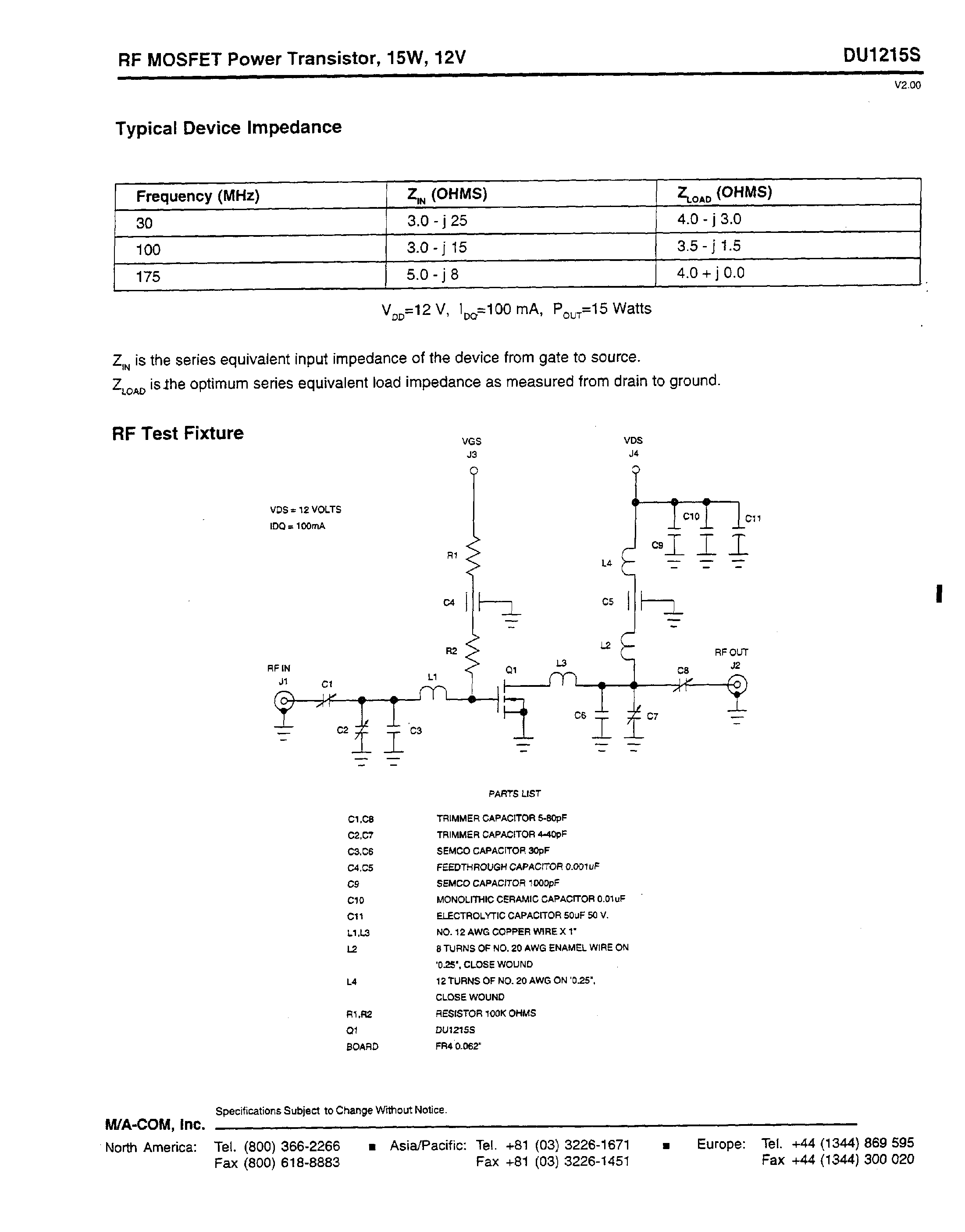 Даташит на микросхему DU1215S страница 2 Даташит DU1215S - RF MOSFET Power Transistor/ ISW/ 12V 2 - 175 MHz страница 2