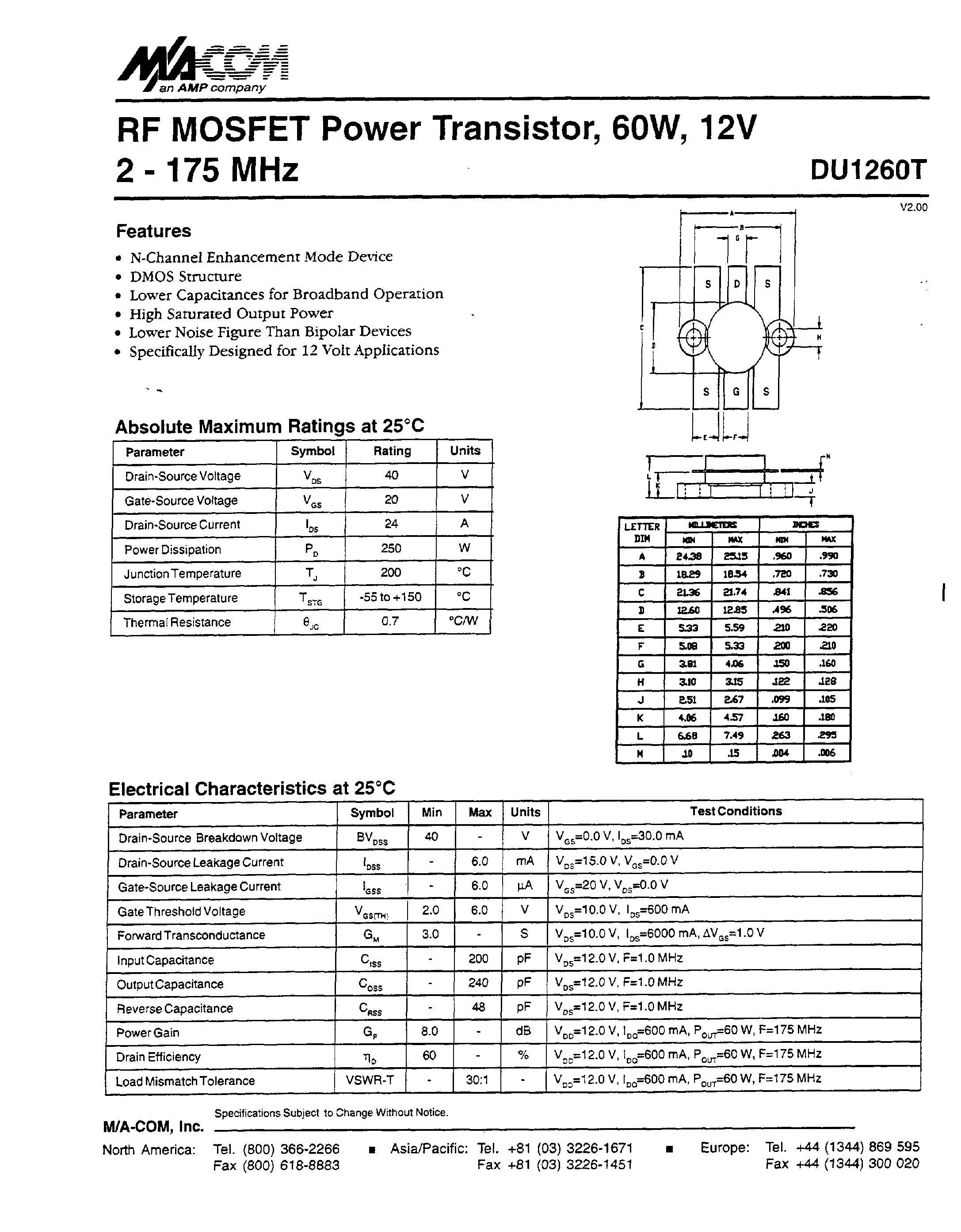 Даташит на микросхему DU1260T страница 1 Даташит DU1260T - RF MOSFET Power Transistor/ 6OW/ 12V 2 - 175 MHz страница 1