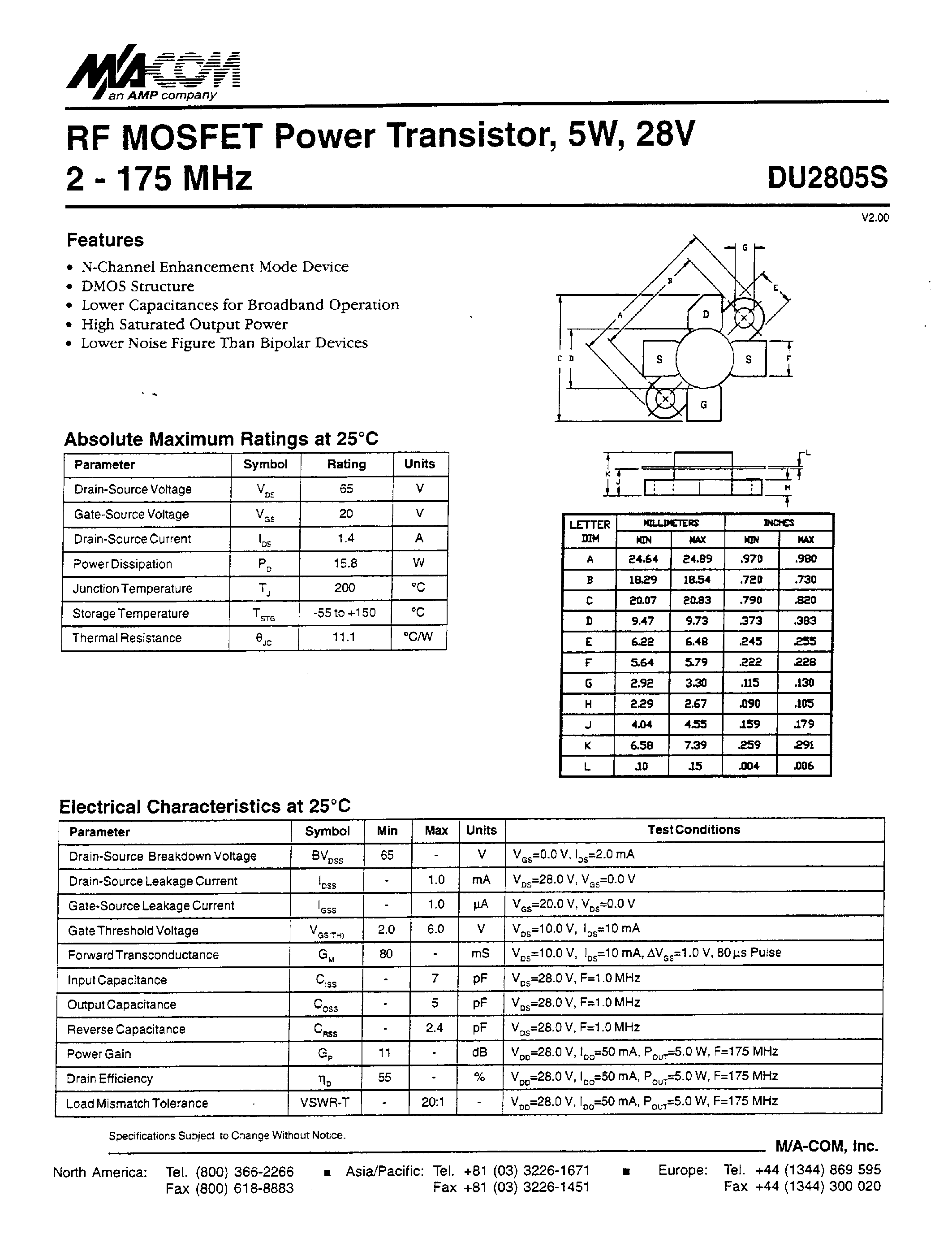 Datasheet DU2805S - RF MOSFET Power Transistor/ 5W/ 28V 2 - 175 MHz page 1