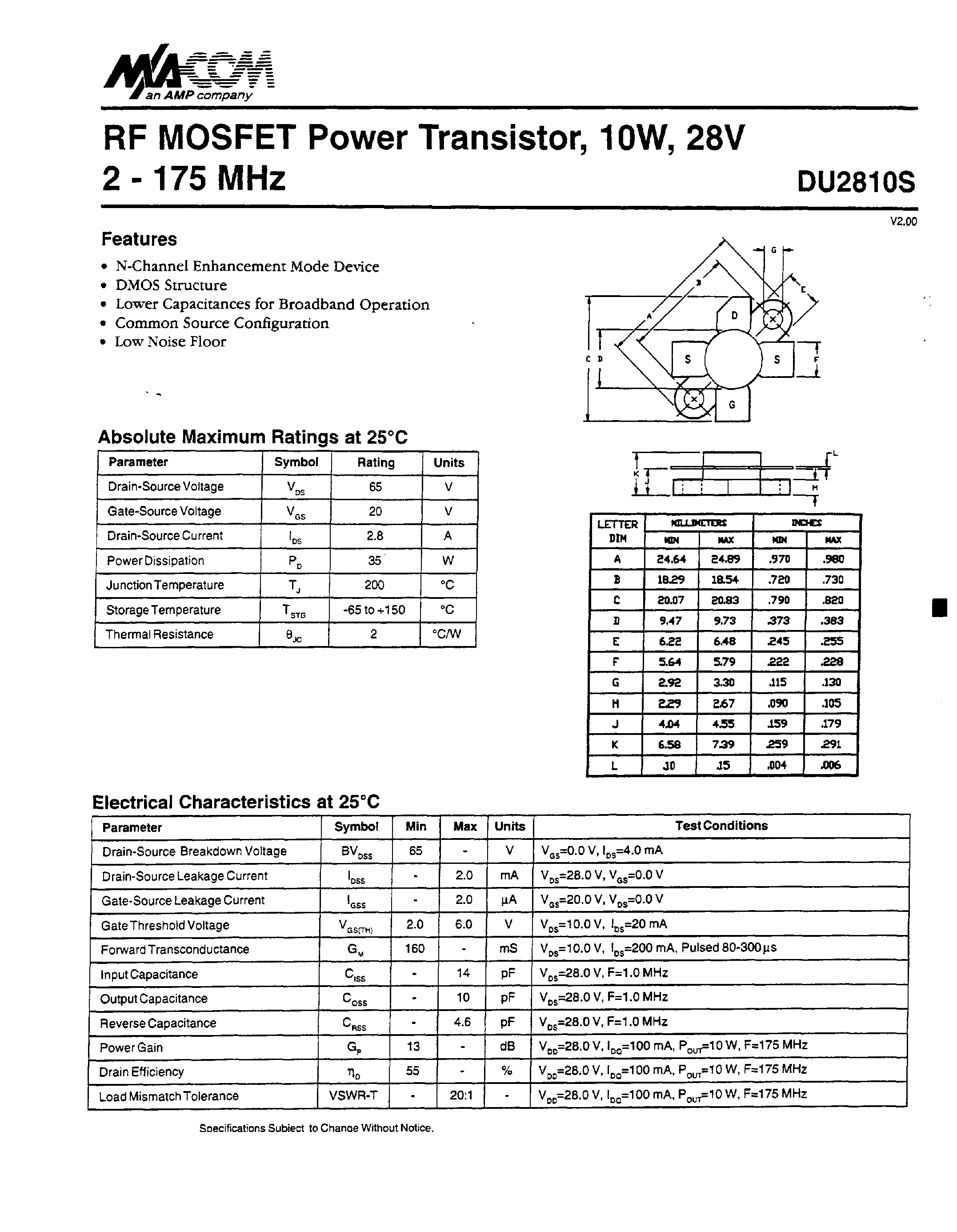 Datasheet DU2810S - RF MOSFET Power Transistor/ lOW/ 28V 2 - 175 MHz page 1