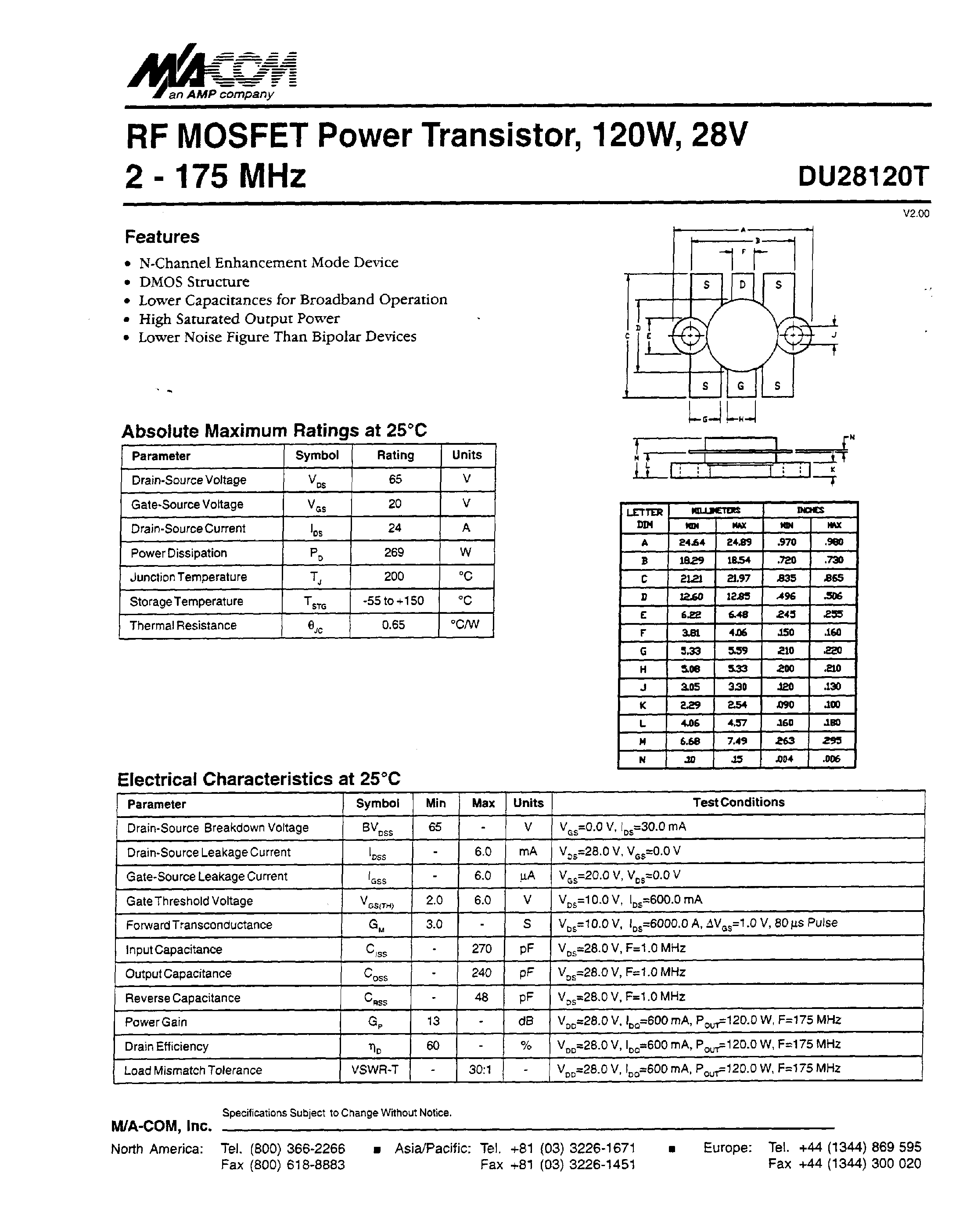 Datasheet DU28120T - RF MOSFET Power Transistor/ 12OW/ 28V 2 - 175 MHz page 1