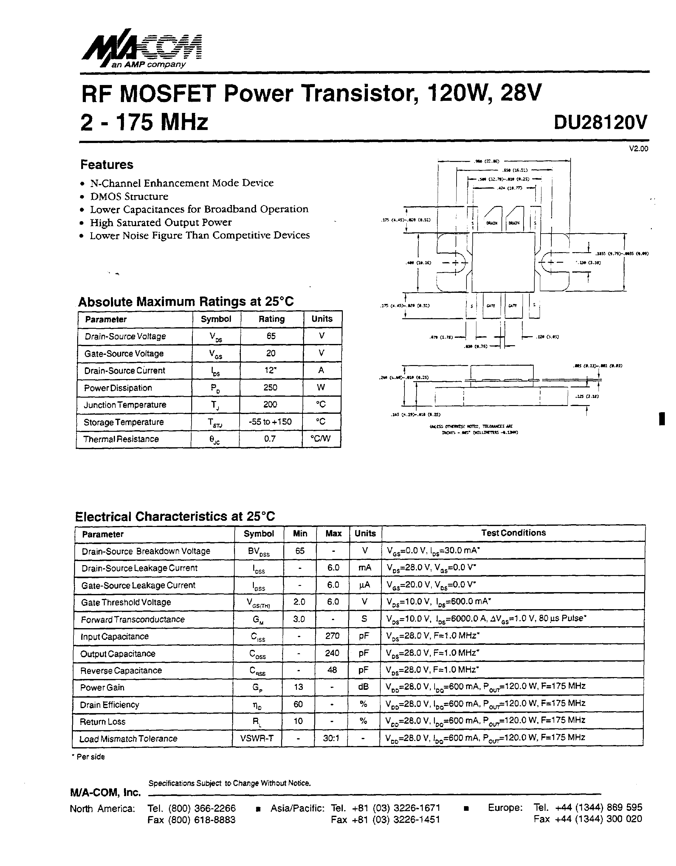 Datasheet DU2812OV - RF MOSFET Power Transistor/ 12OW/ 28V 2 - 175 MHz page 1