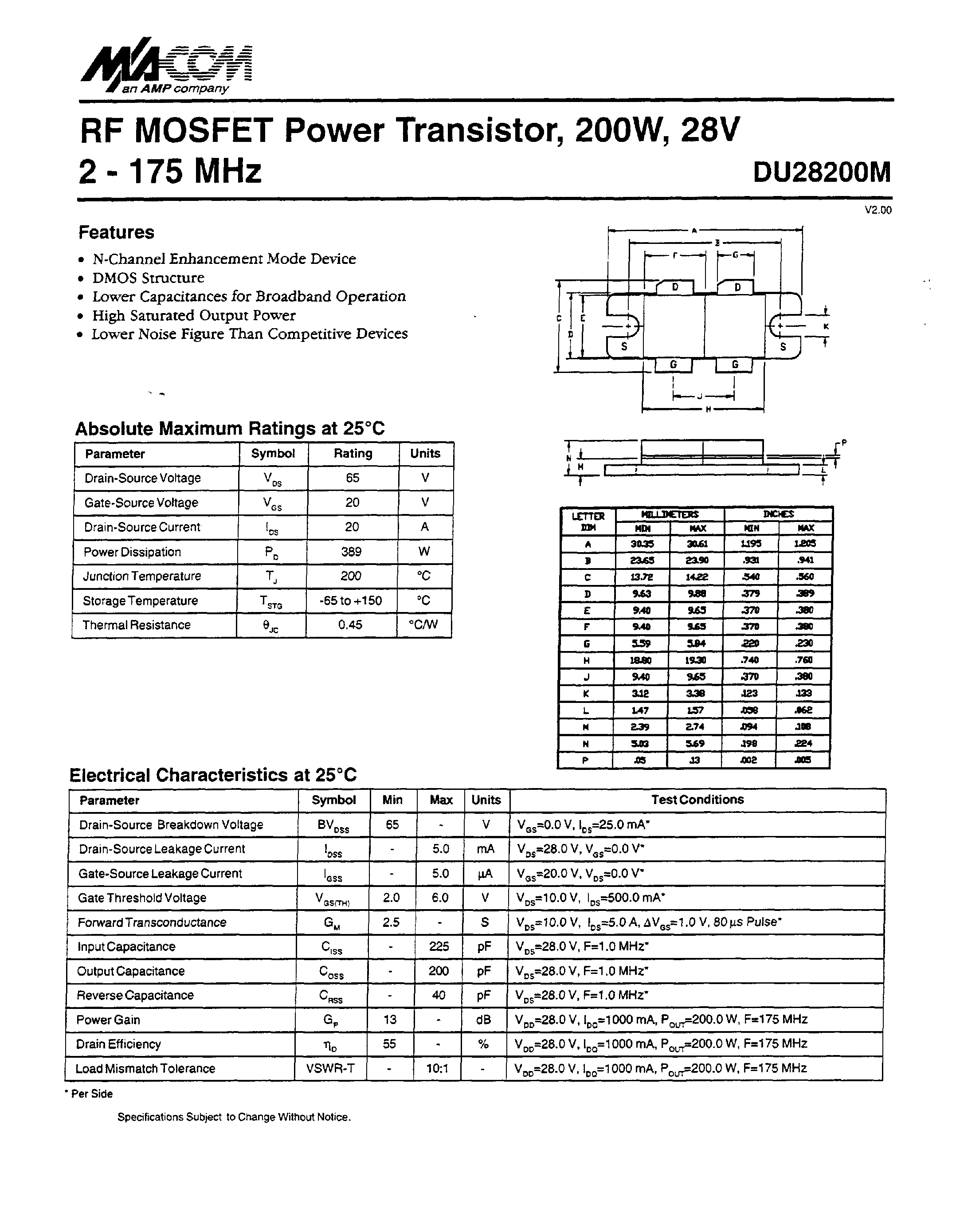 Datasheet DU28200 - RF MOSFET Power Transistor/ 2OOW/ 28V 2 - 175 MHz page 1