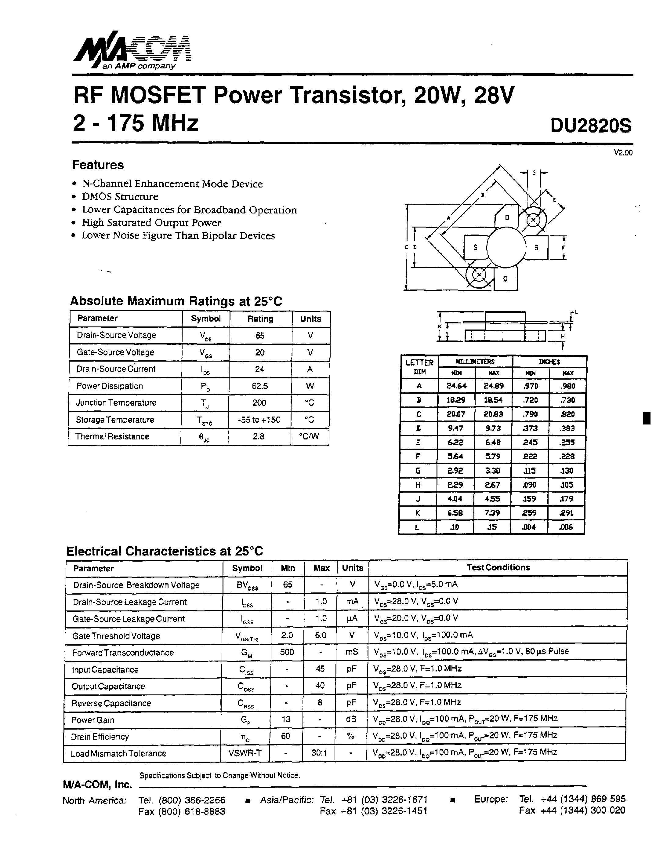 Datasheet DU2820S - RF MOSFET Power Transistor/ 2OW/ 28V 2 - 175 MHz page 1