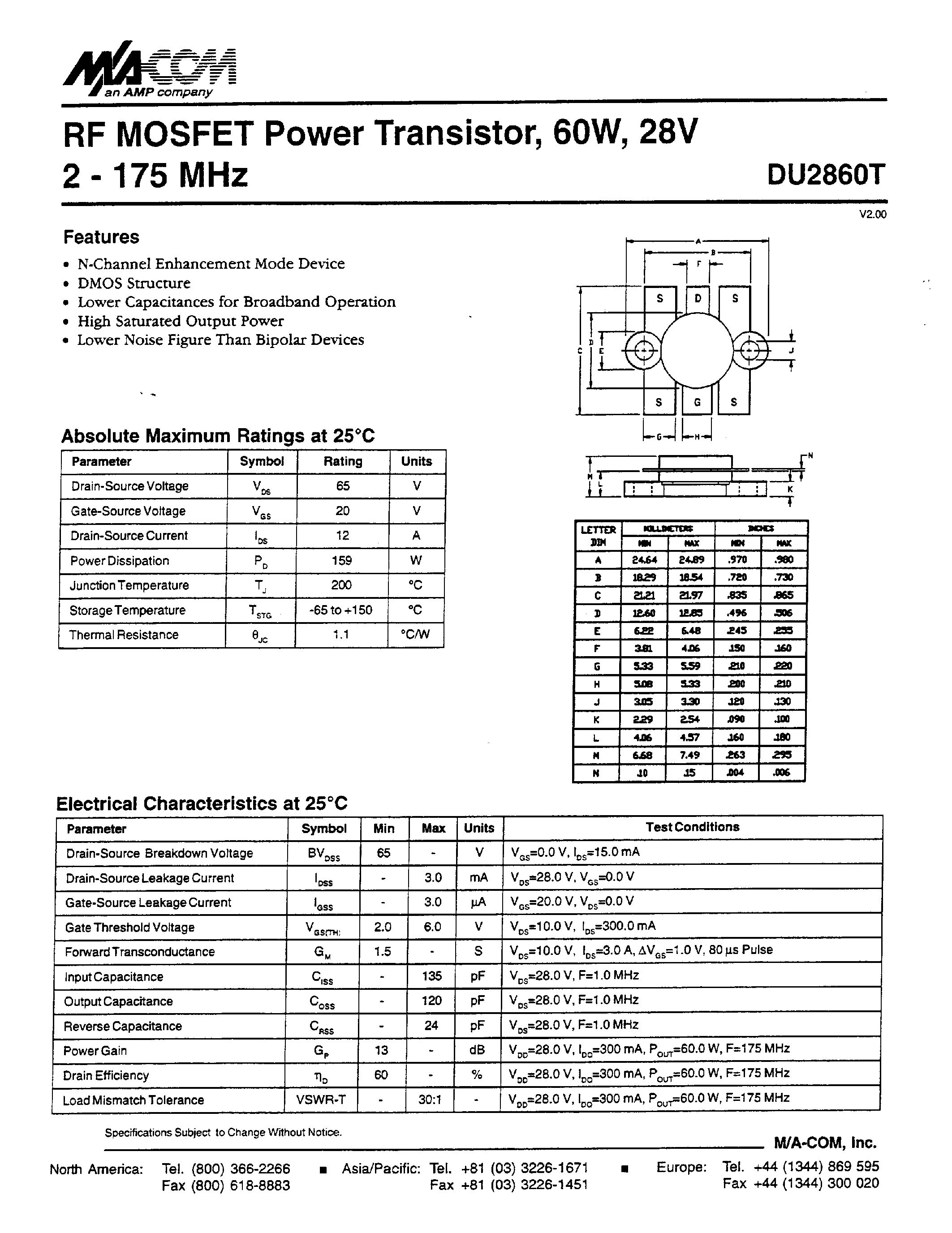 Datasheet DU2860 - RF MOSFET Power Transistor/ 6OW/ 28V 2 - 175 MHz page 1