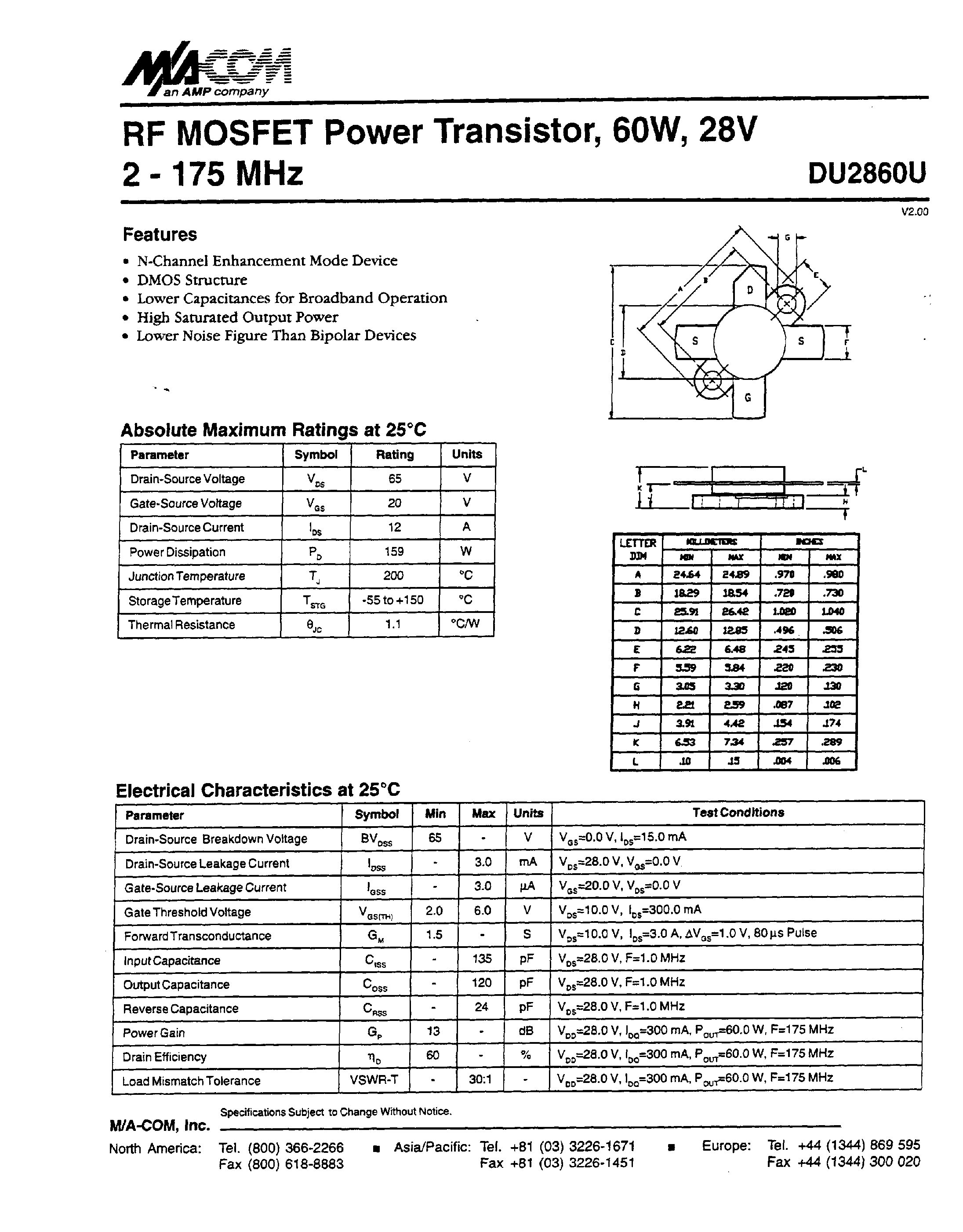 Datasheet DU2860U - RF MOSFET Power Transistor/ 6OW/ 28V 2 - 175 MHz page 1
