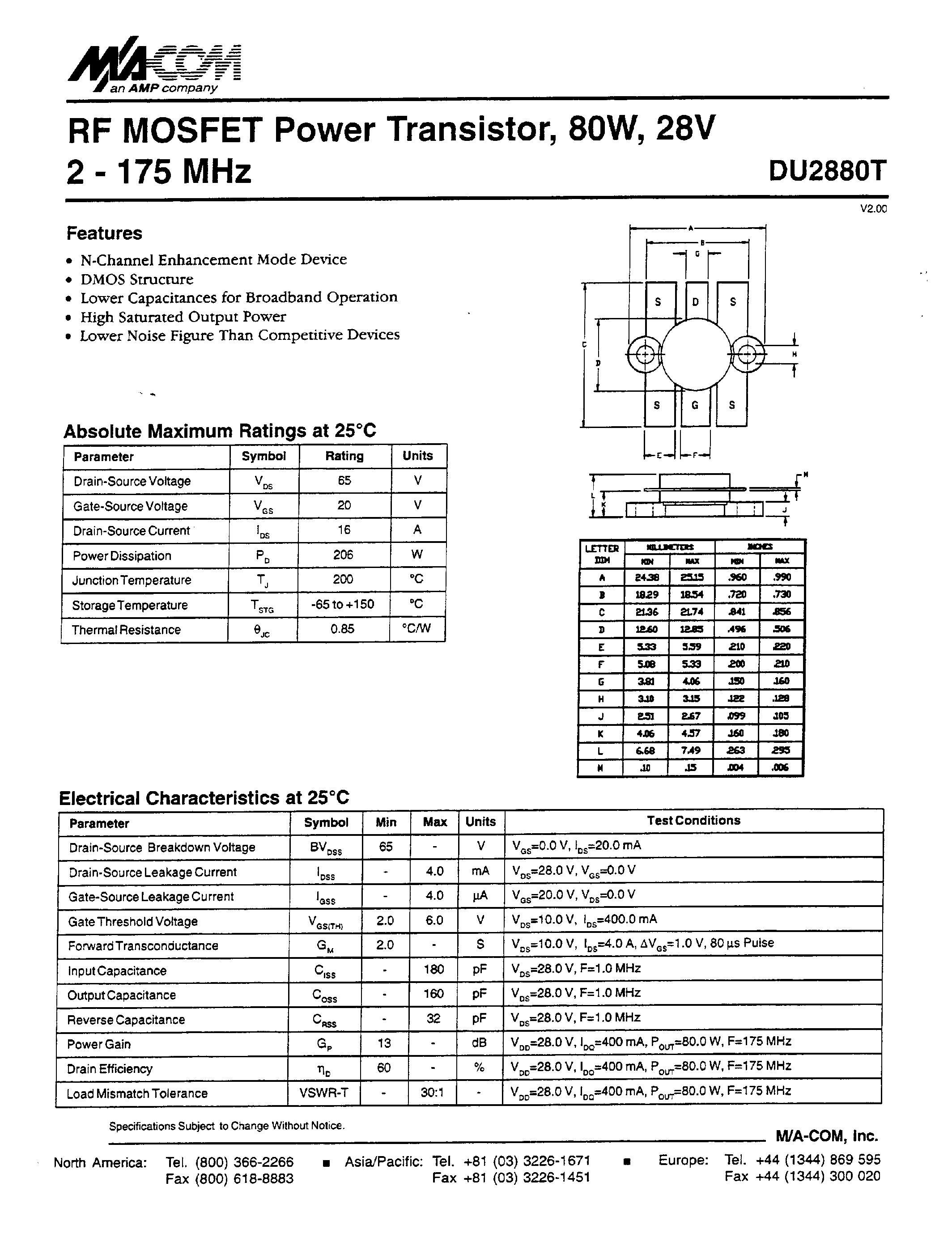 Datasheet DU2880 - RF MOSFET Power Transistor/ 8OW/ 28V 2 - 175 MHz page 1