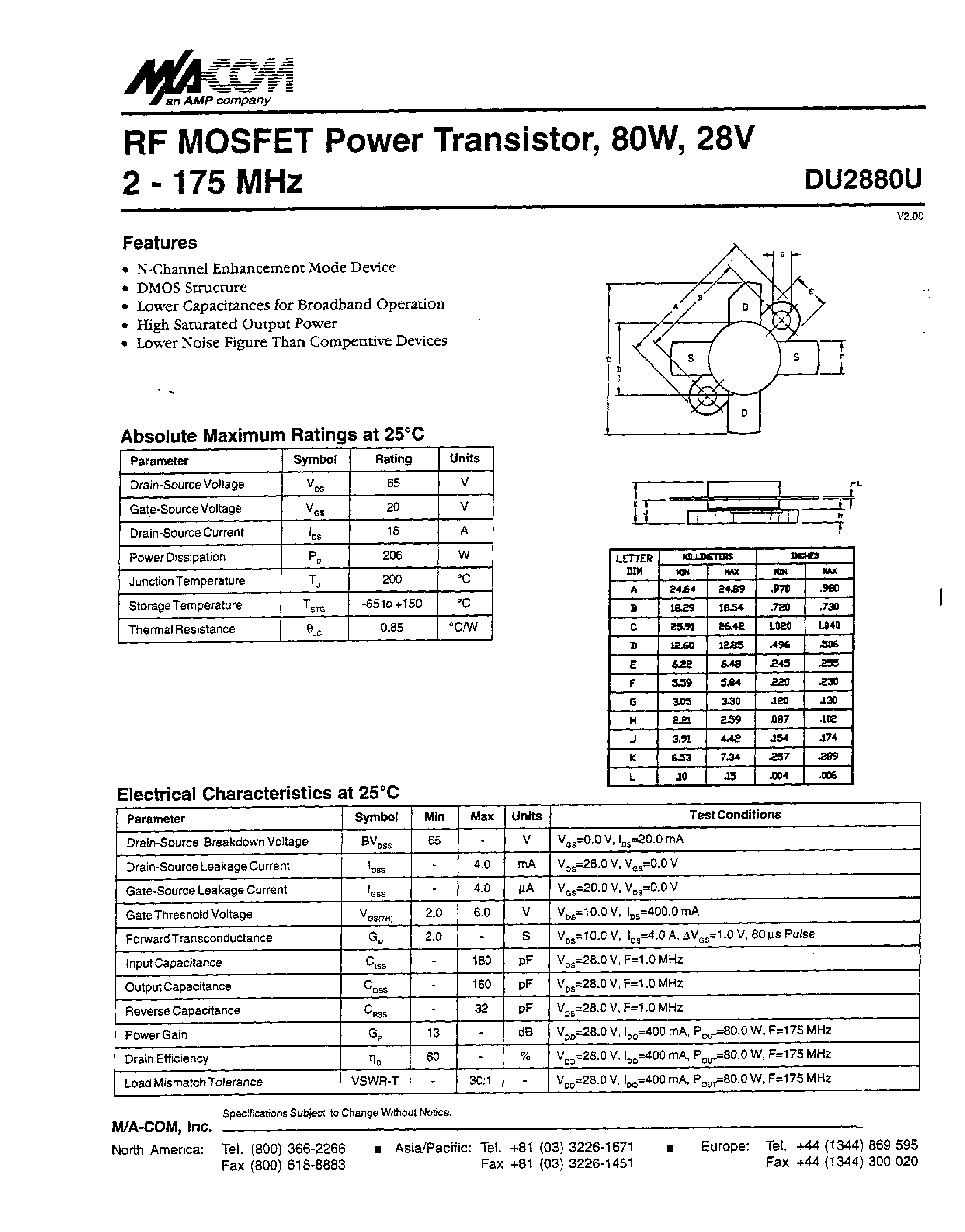 Datasheet DU2880U - RF MOSFET Power Transistor/ 8OW/ 28V 2 - 175 MHz page 1