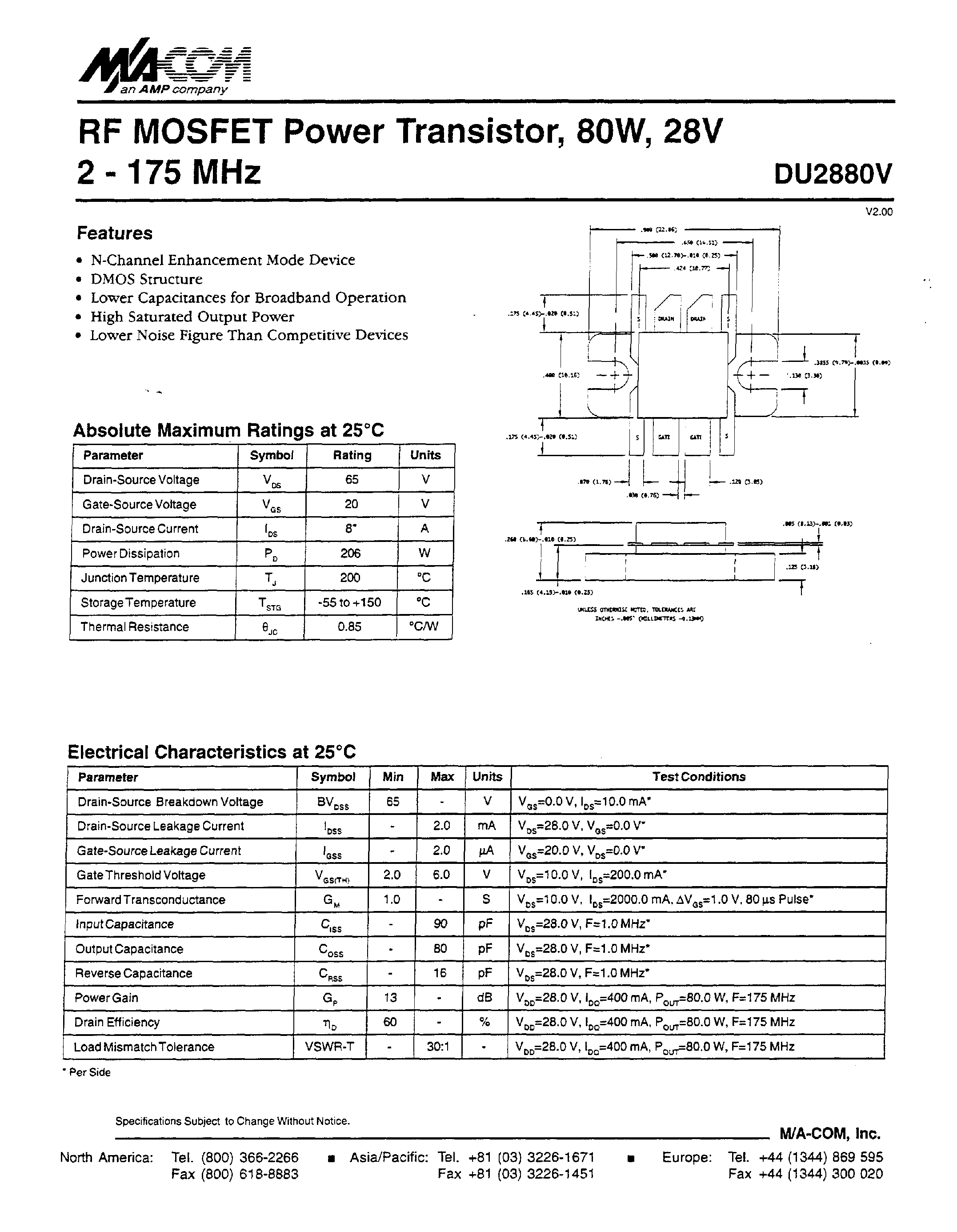 Datasheet DU2880V - RF MOSFET Power Transistor/ 8OW/ 28V 2 - 175 MHz page 1