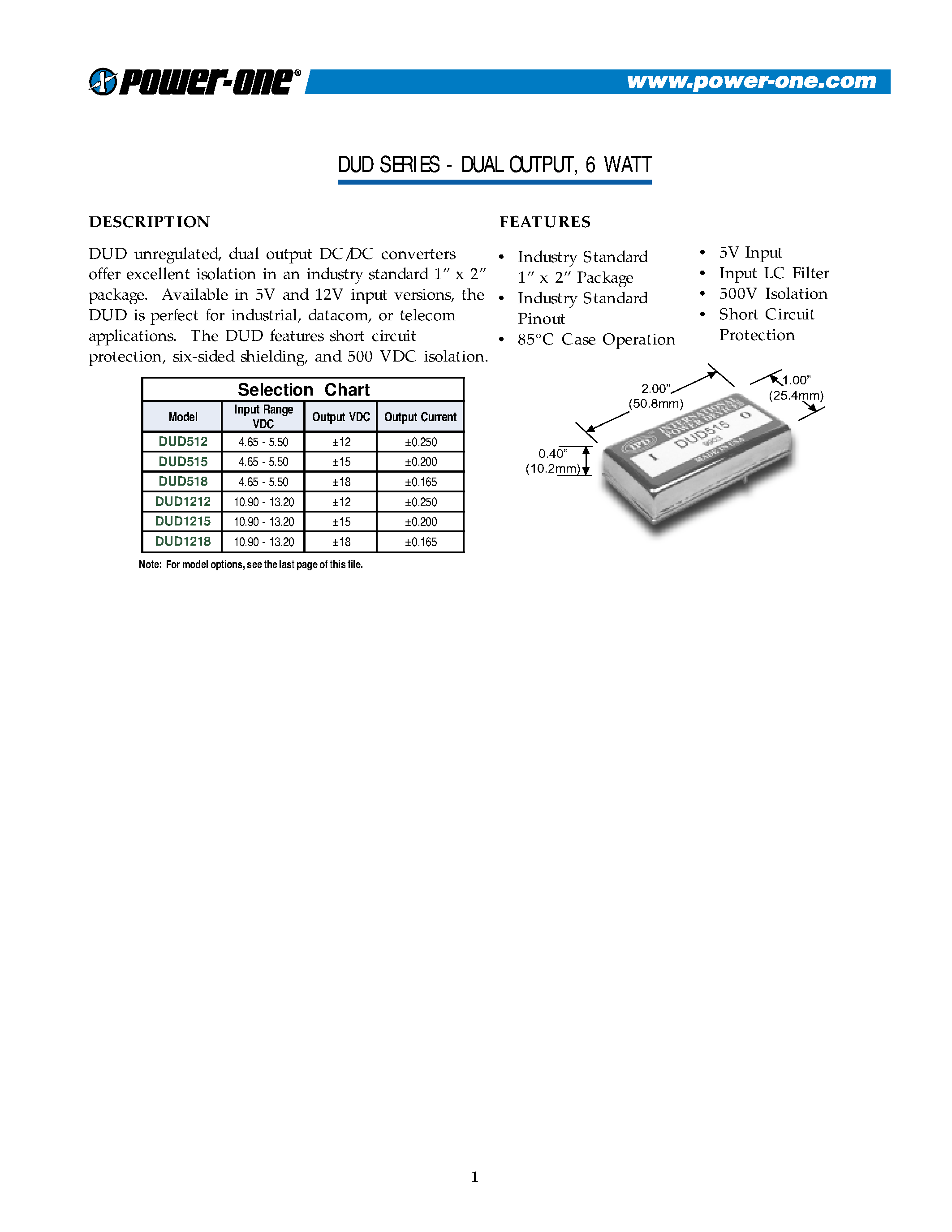 Даташит на микросхему DUD1215 страница 1 Даташит DUD1215 - DUAL OUTPUT/ 6 WATT страница 1