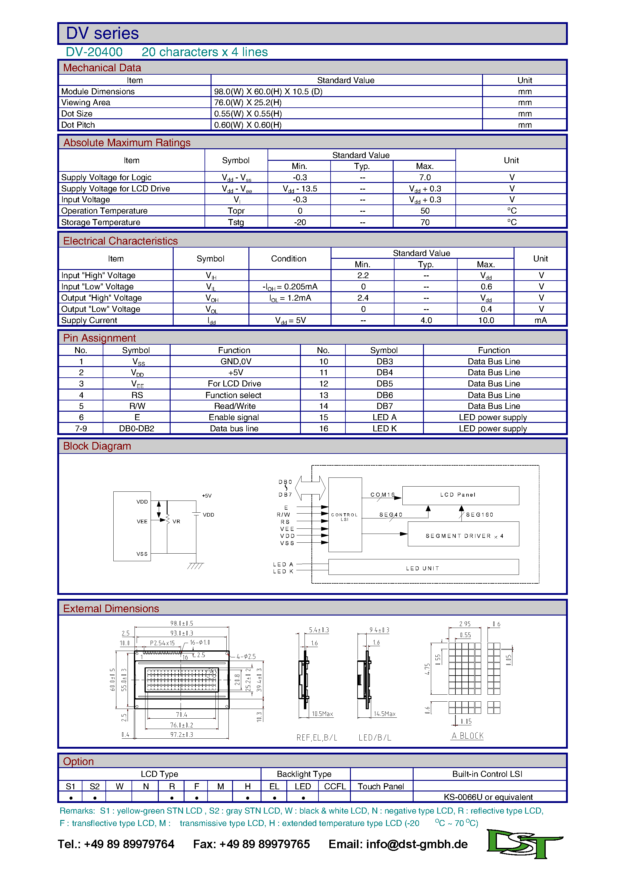 Datasheet DV20400 page 1 Datasheet DV20400 - 20 characters x 4 lines page 1