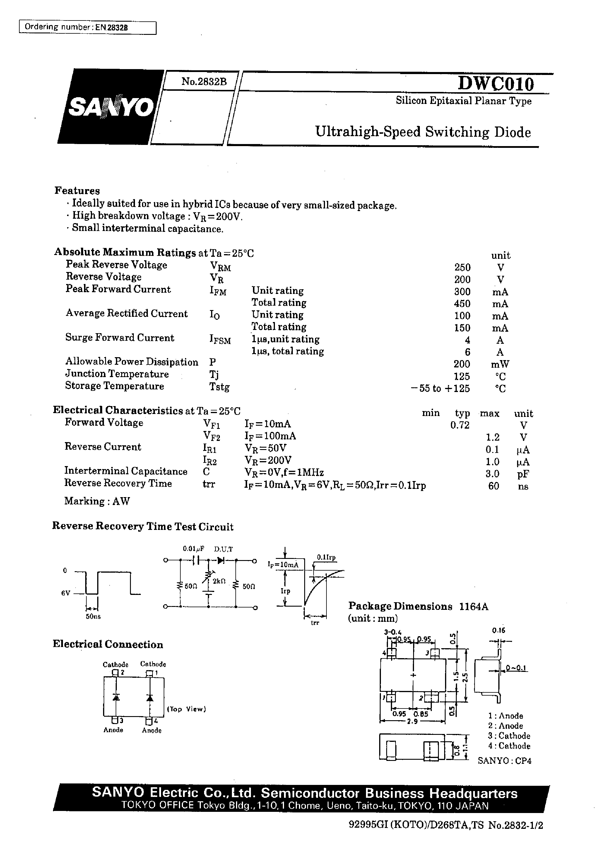 Даташит на микросхему DWC010 страница 1 Даташит DWC010 - Ultrahigh-Speed Switching Diode страница 1
