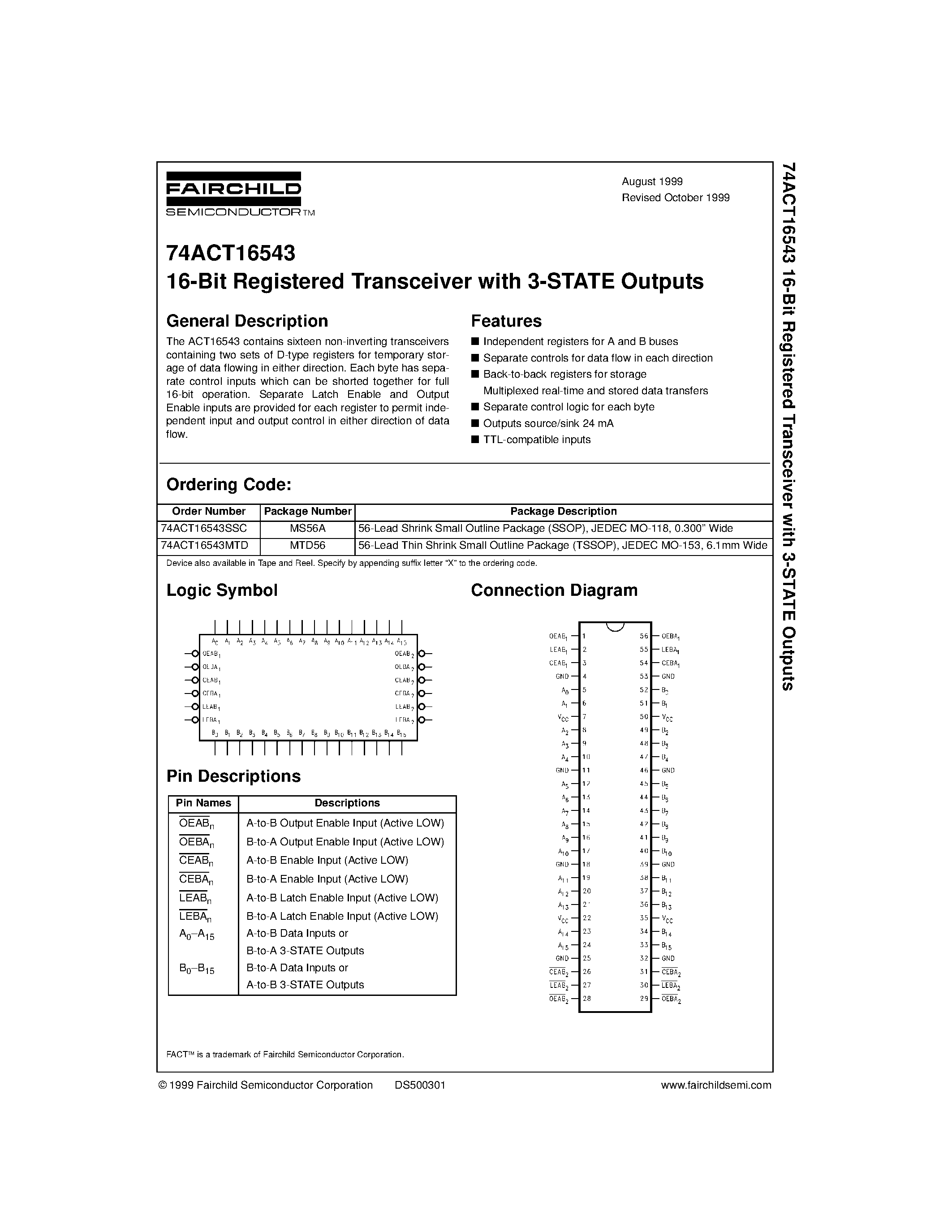 Datasheet 74ACT16543MTD page 1 Datasheet 74ACT16543MTD - 16-Bit Registered Transceiver with 3-STATE Outputs page 1