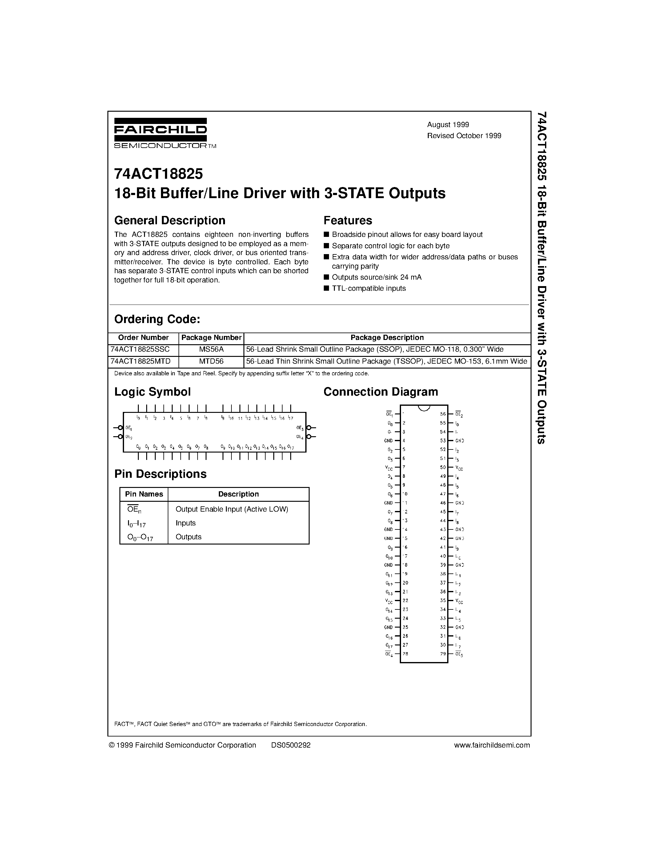 Datasheet 74ACT18825MTD page 1 Datasheet 74ACT18825MTD - 18-Bit Buffer/Line Driver with 3-STATE Outputs page 1