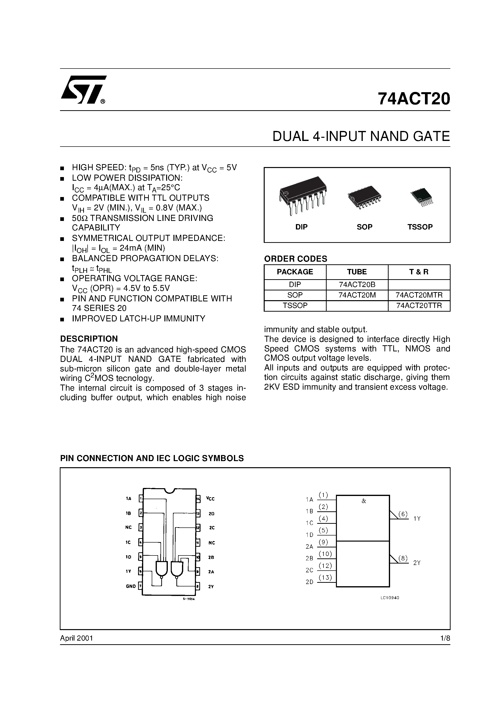 Datasheet 74ACT20MTR page 1 Datasheet 74ACT20MTR - DUAL 4-INPUT NAND GATE page 1