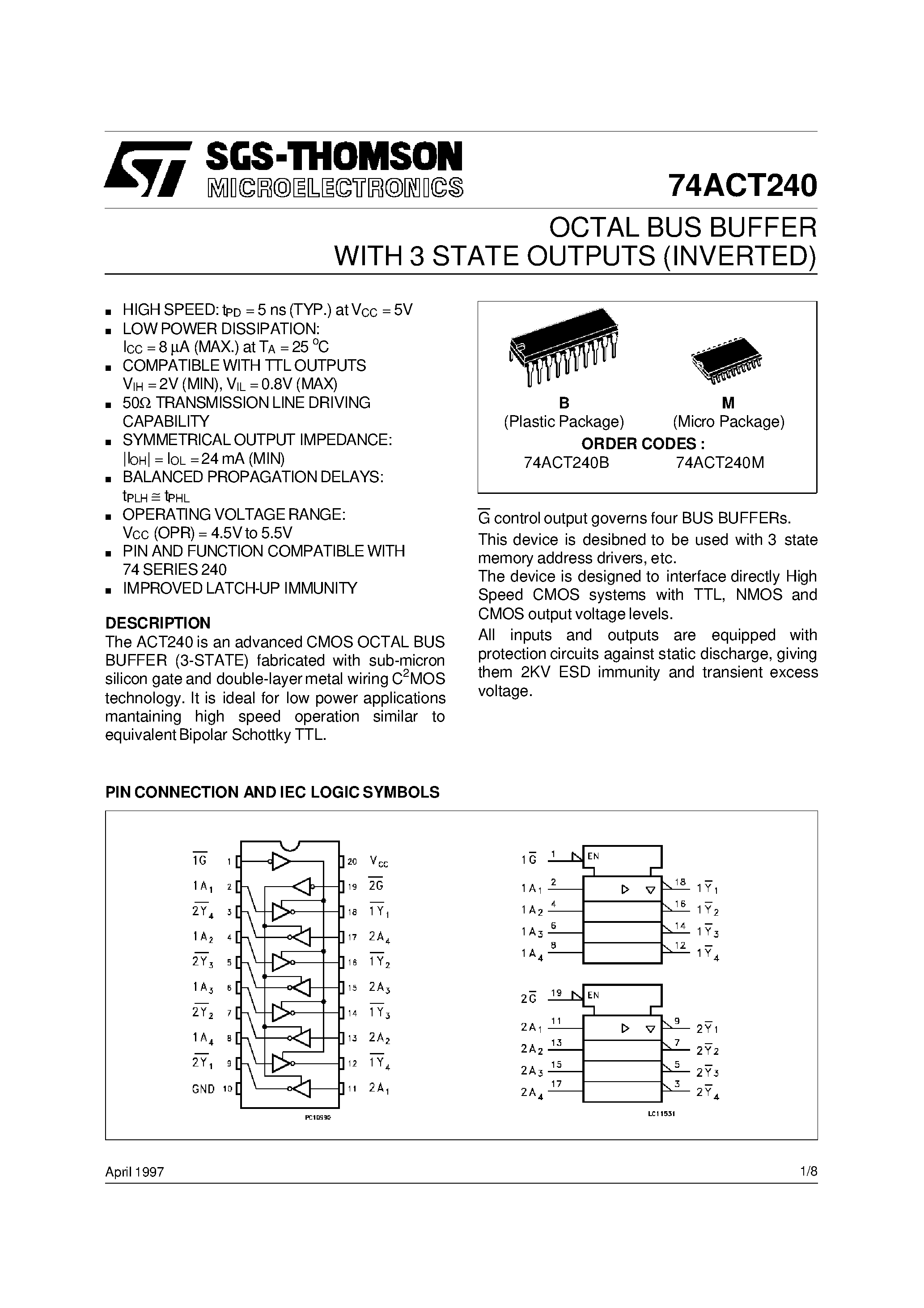 Datasheet 74ACT240M - OCTAL BUS BUFFER WITH 3 STATE OUTPUTS INVERTED page 1