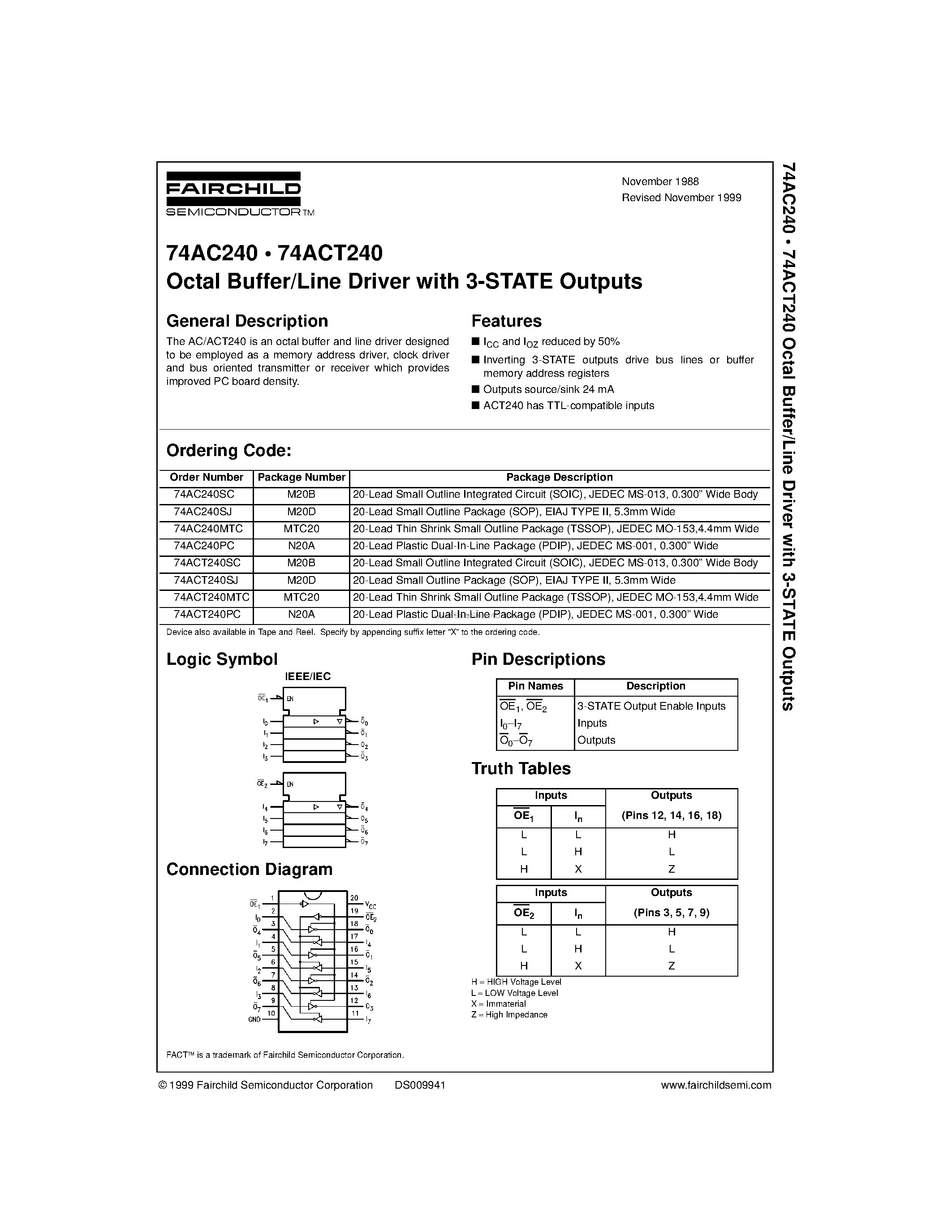 Datasheet 74ACT240MTC - Octal Buffer/Line Driver with 3-STATE Outputs page 1