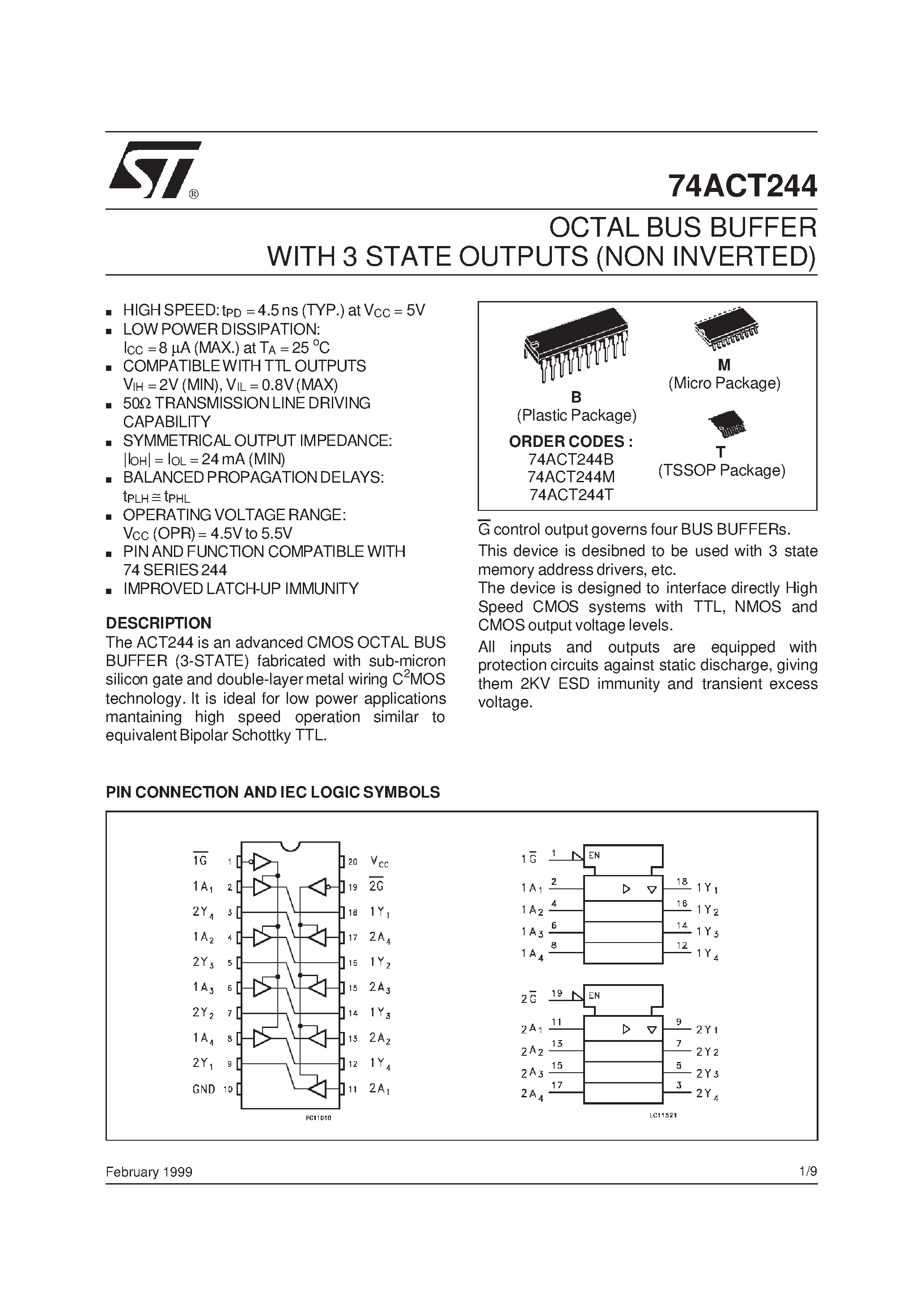 Datasheet 74ACT244 - OCTAL BUS BUFFER WITH 3 STATE OUTPUTS NON INVERTED page 1